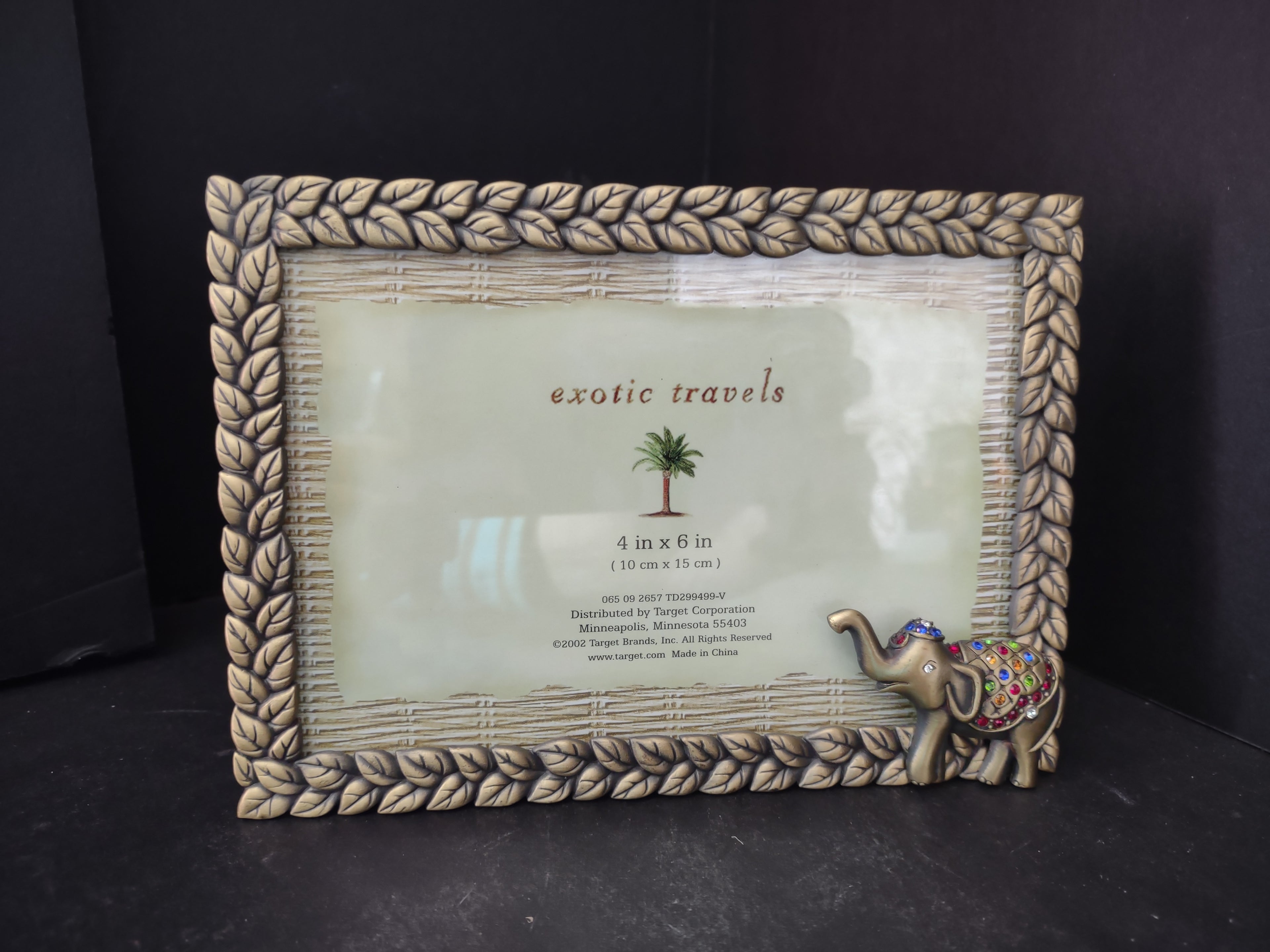 Vintage Exotic Travels 4x6 Photo Frame Jeweled Elephant Braided Leaf Border [6291]