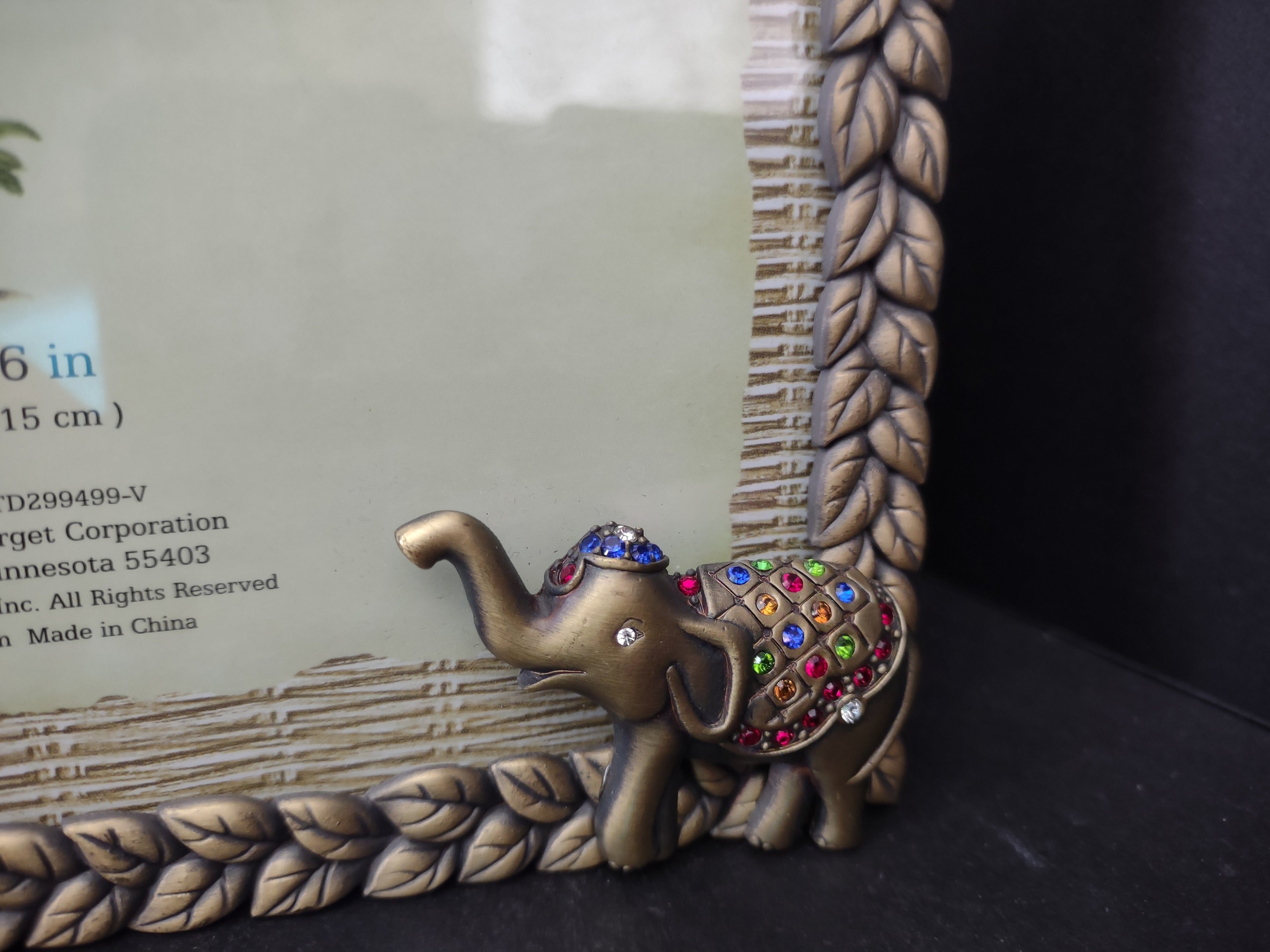 Vintage Exotic Travels 4x6 Photo Frame Jeweled Elephant Braided Leaf Border [6291]