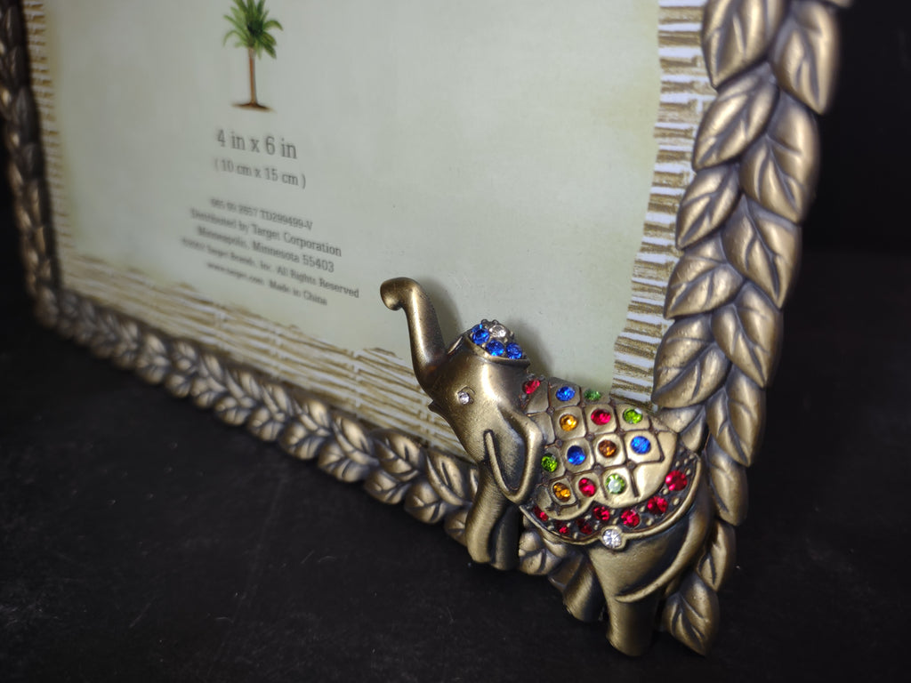 Vintage Exotic Travels 4x6 Photo Frame Jeweled Elephant Braided Leaf Border [6291]