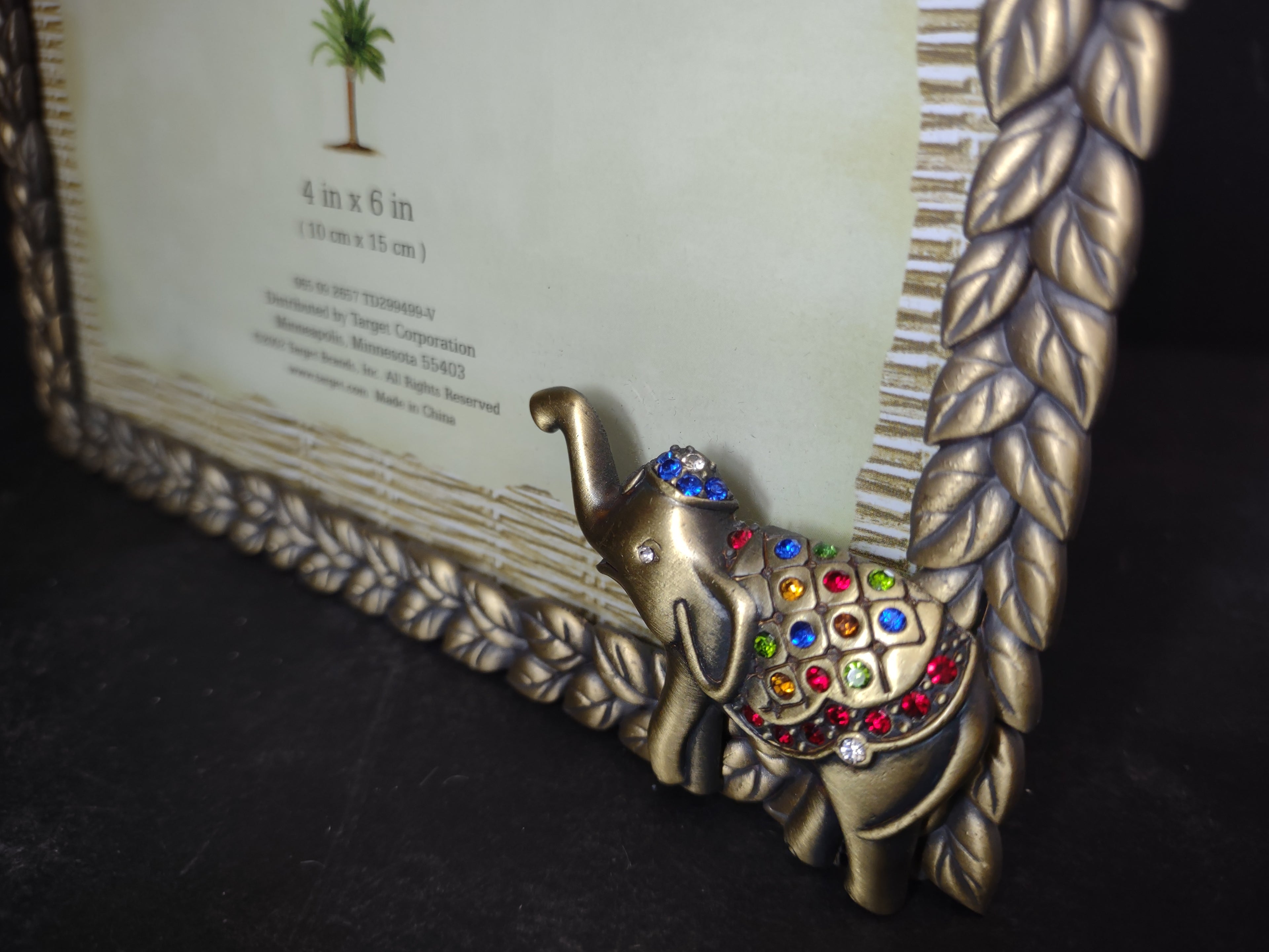Vintage Exotic Travels 4x6 Photo Frame Jeweled Elephant Braided Leaf Border [6291]