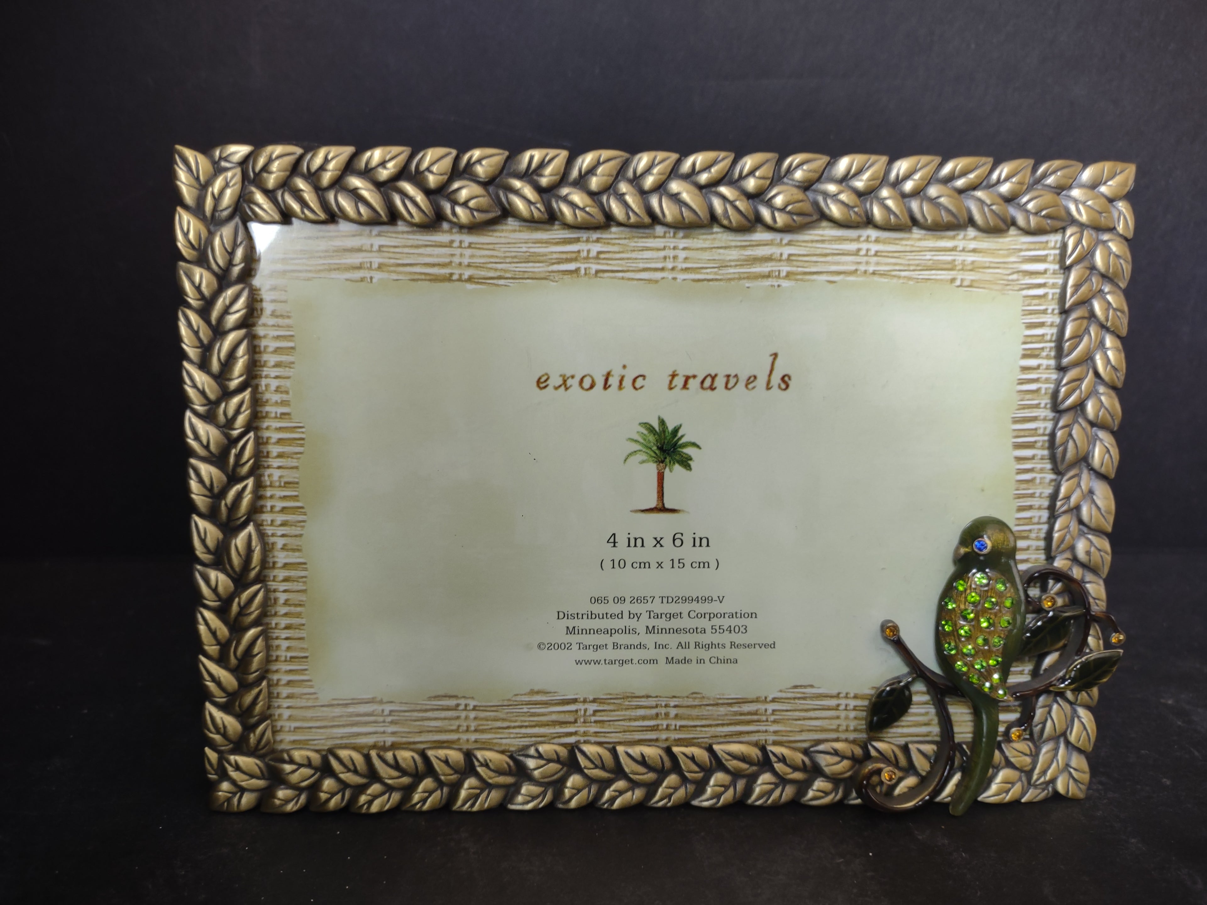 Vintage Exotic Travels 4x6 Photo Frame 3D Rhinestones Green Bird Braided Leaf Border [6292]