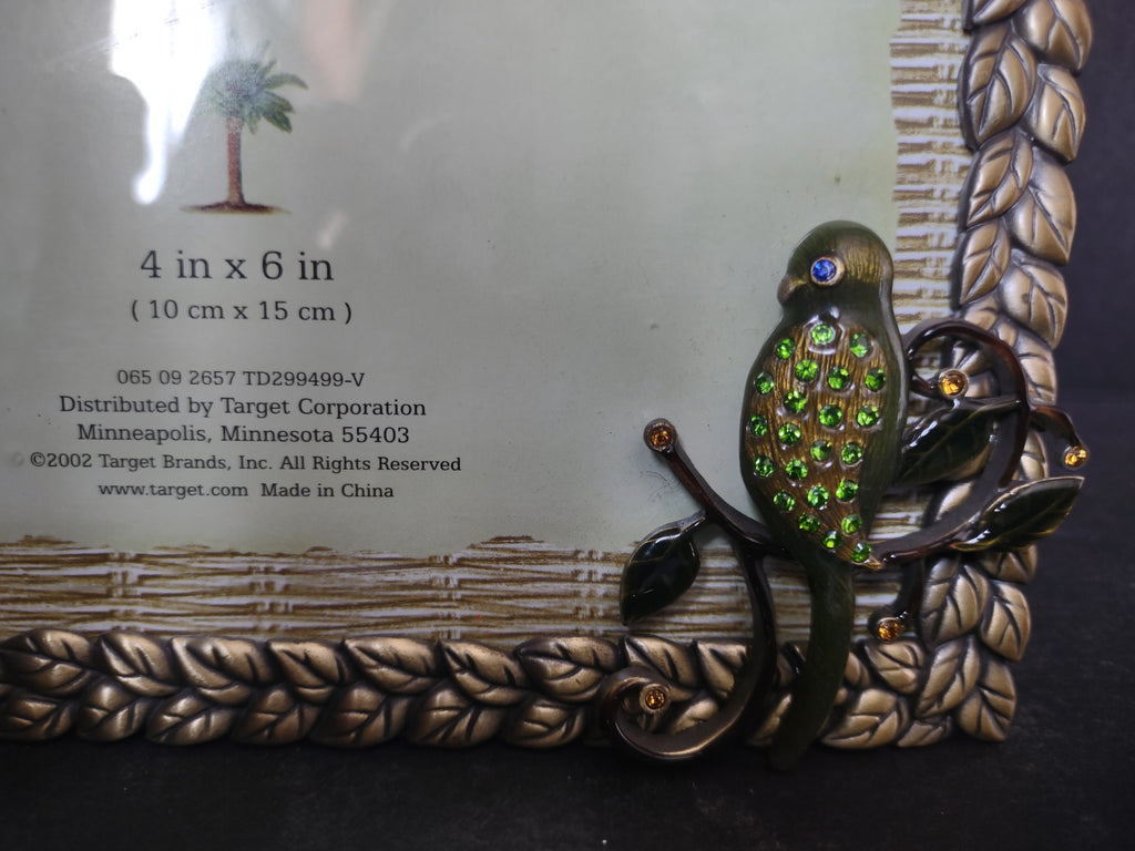 Vintage Exotic Travels 4x6 Photo Frame 3D Rhinestones Green Bird Braided Leaf Border [6292]