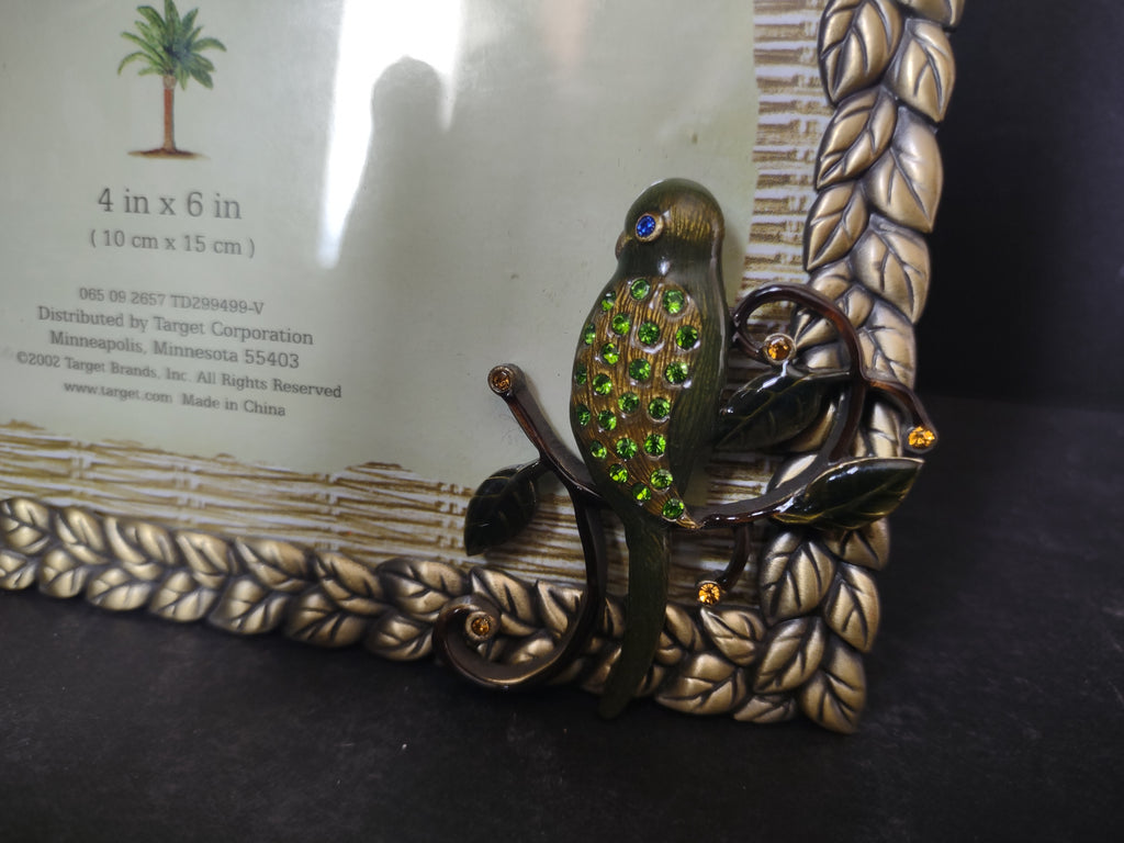 Vintage Exotic Travels 4x6 Photo Frame 3D Rhinestones Green Bird Braided Leaf Border [6292]