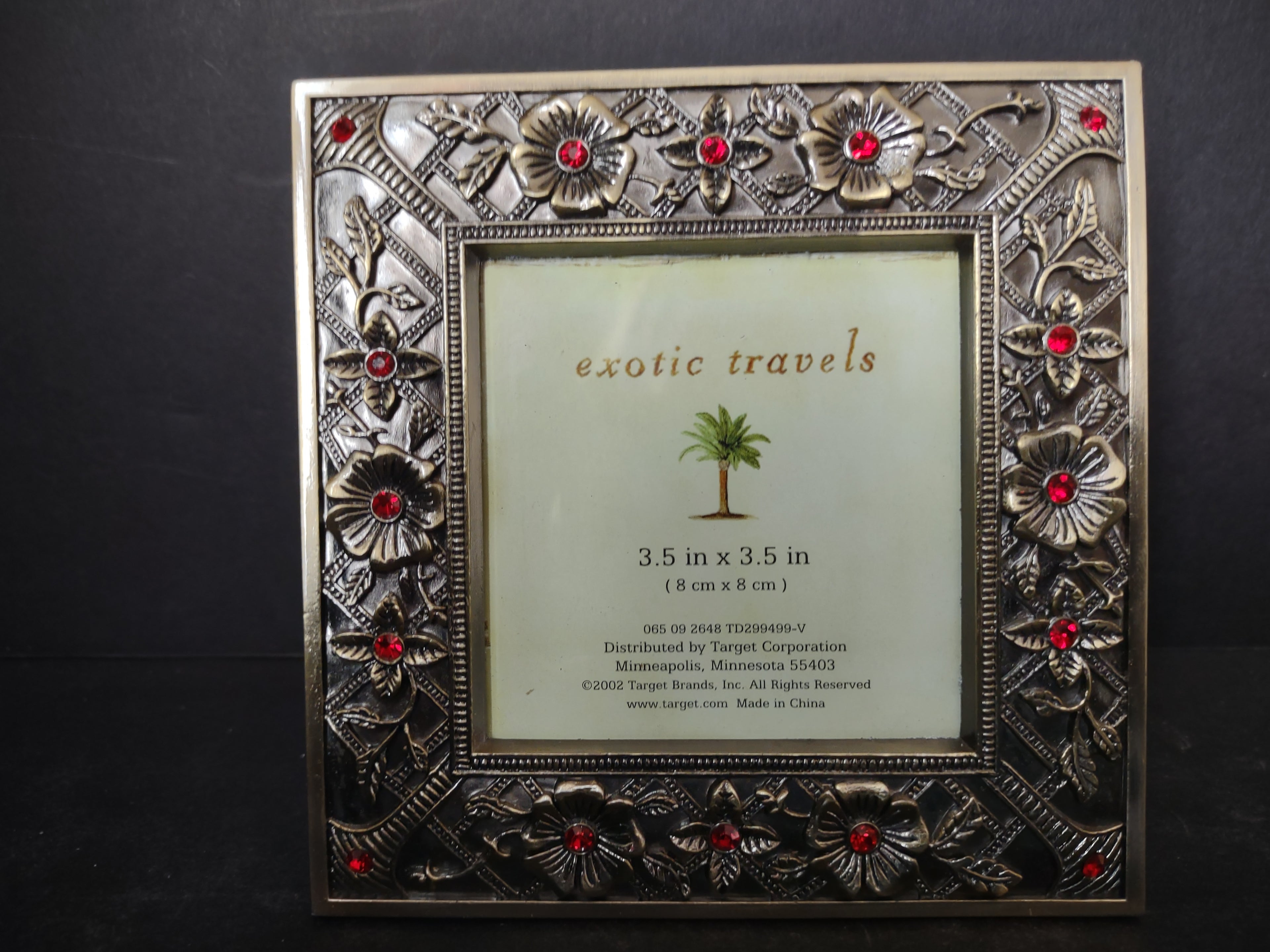 Vintage Exotic Travels 3.5x3.5 Photo Frame Silver-Tone Floral Lattice Red Rhinestones [6294]