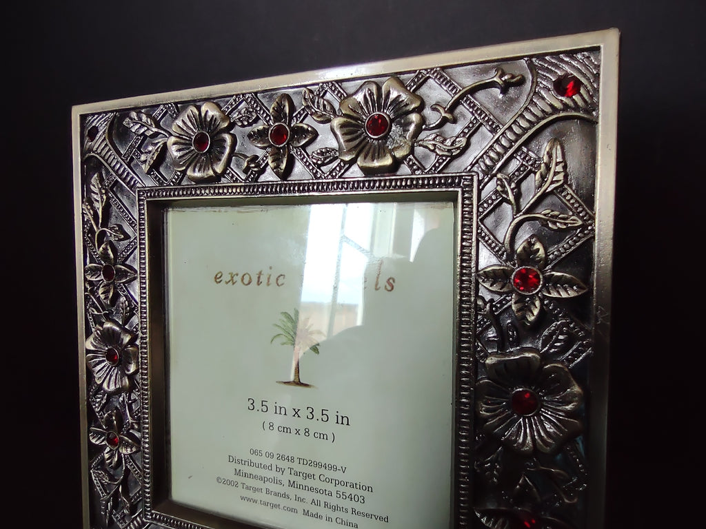 Vintage Exotic Travels 3.5x3.5 Photo Frame Silver-Tone Floral Lattice Red Rhinestones [6294]