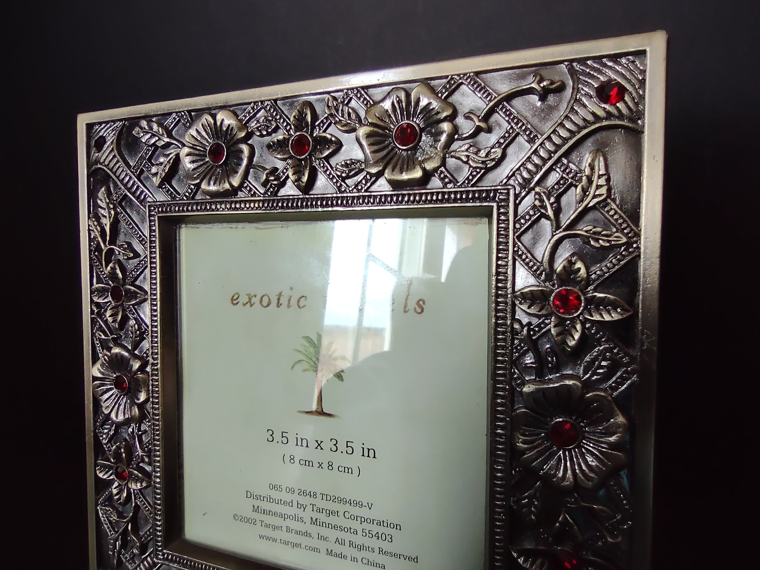 Vintage Exotic Travels 3.5x3.5 Photo Frame Silver-Tone Floral Lattice Red Rhinestones [6294]