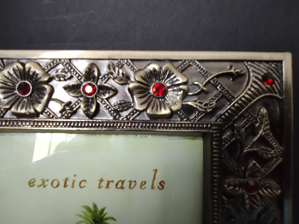 Vintage Exotic Travels 3.5x3.5 Photo Frame Silver-Tone Floral Lattice Red Rhinestones [6294]