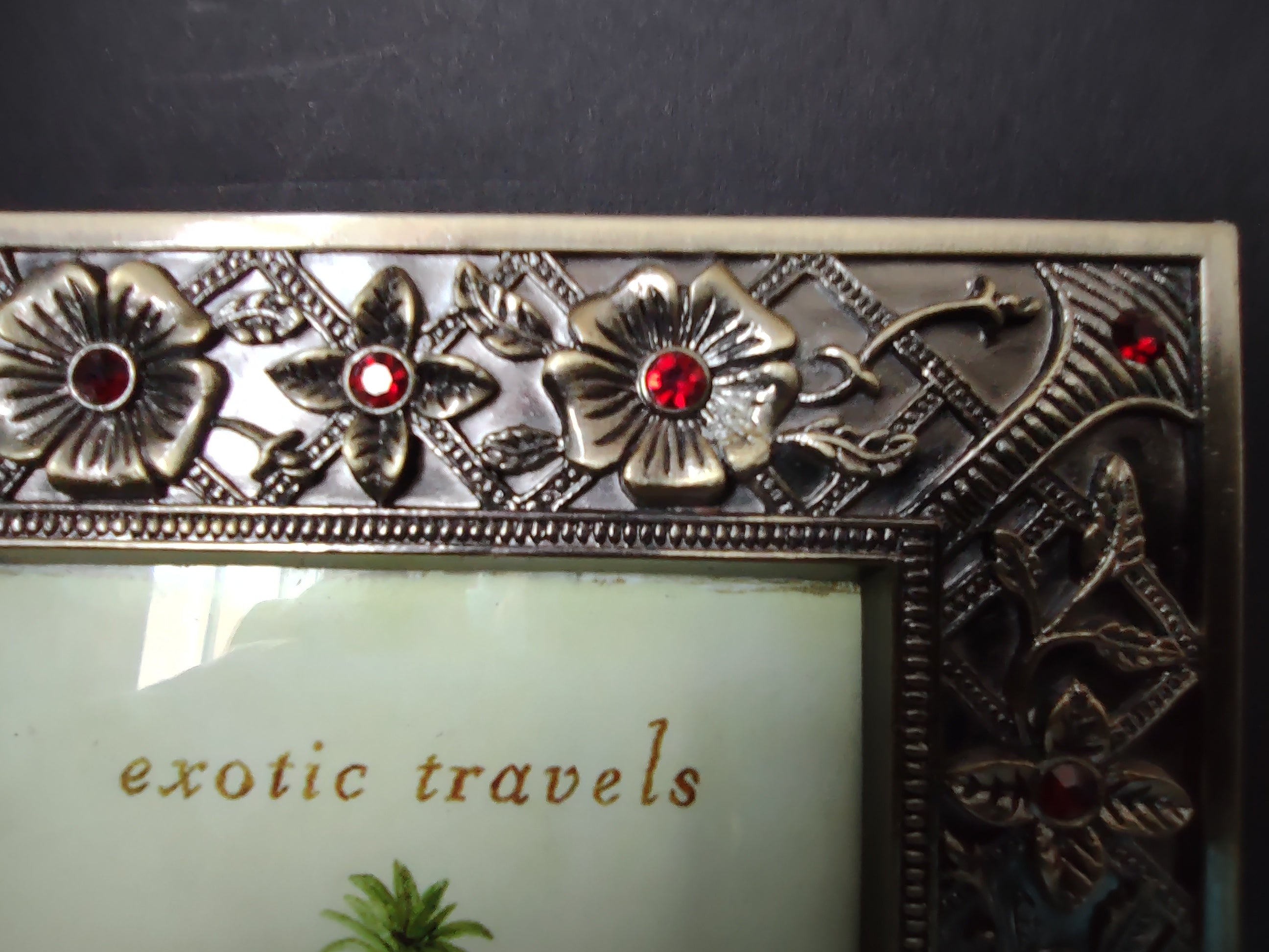 Vintage Exotic Travels 3.5x3.5 Photo Frame Silver-Tone Floral Lattice Red Rhinestones [6294]