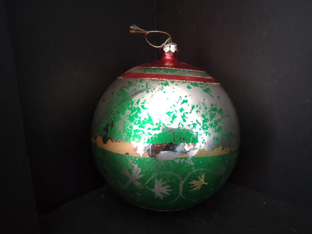 Vintage Christmas Shiny Brite 6" Glass Ball Ornament Green Red Gold Glitter [4833]