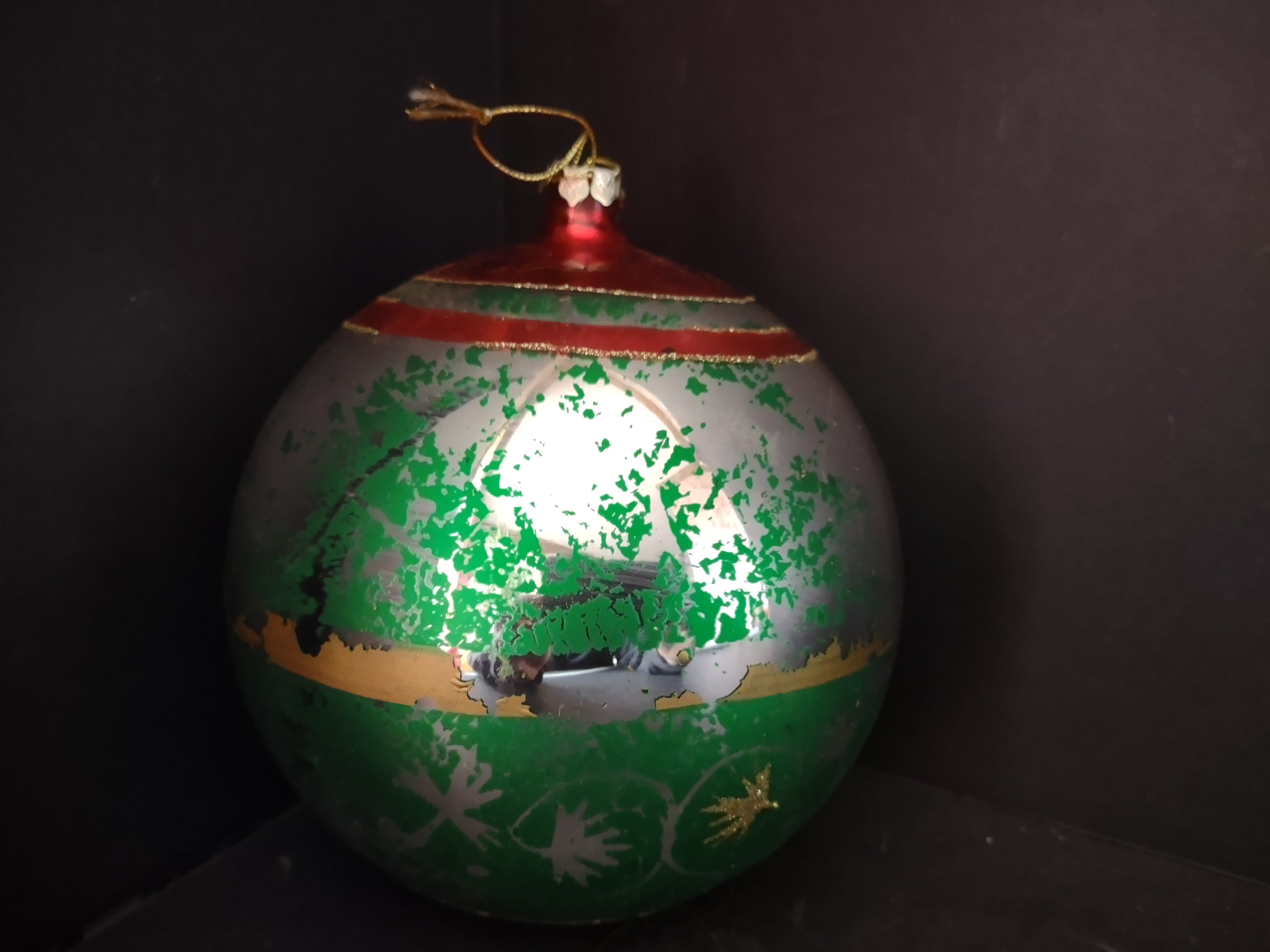 Vintage Christmas Shiny Brite 6" Glass Ball Ornament Green Red Gold Glitter [4833]