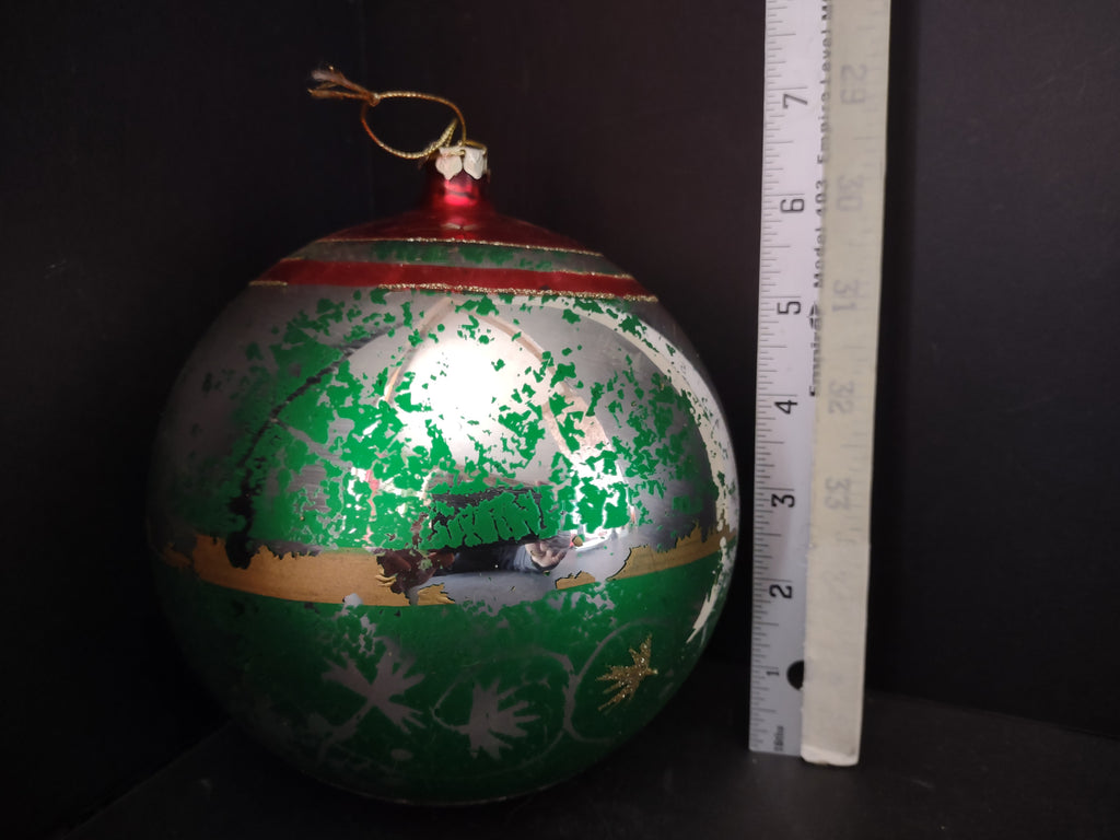 Vintage Christmas Shiny Brite 6" Glass Ball Ornament Green Red Gold Glitter [4833]