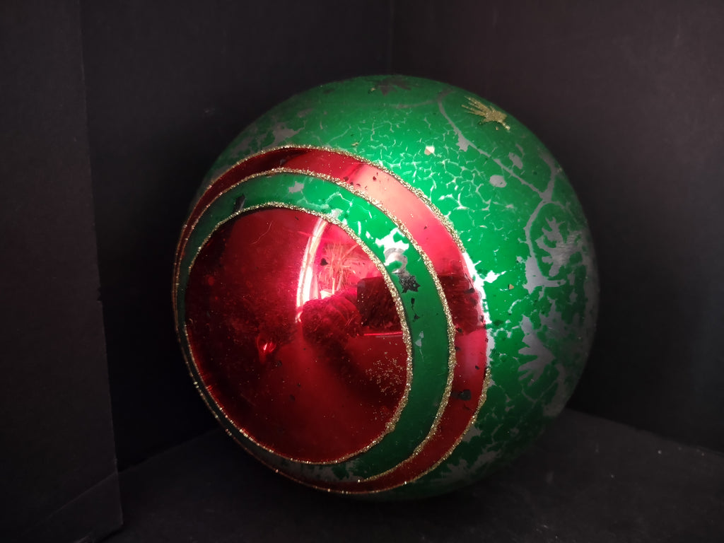 Vintage Christmas Shiny Brite 6" Glass Ball Ornament Green Red Gold Glitter [4833]