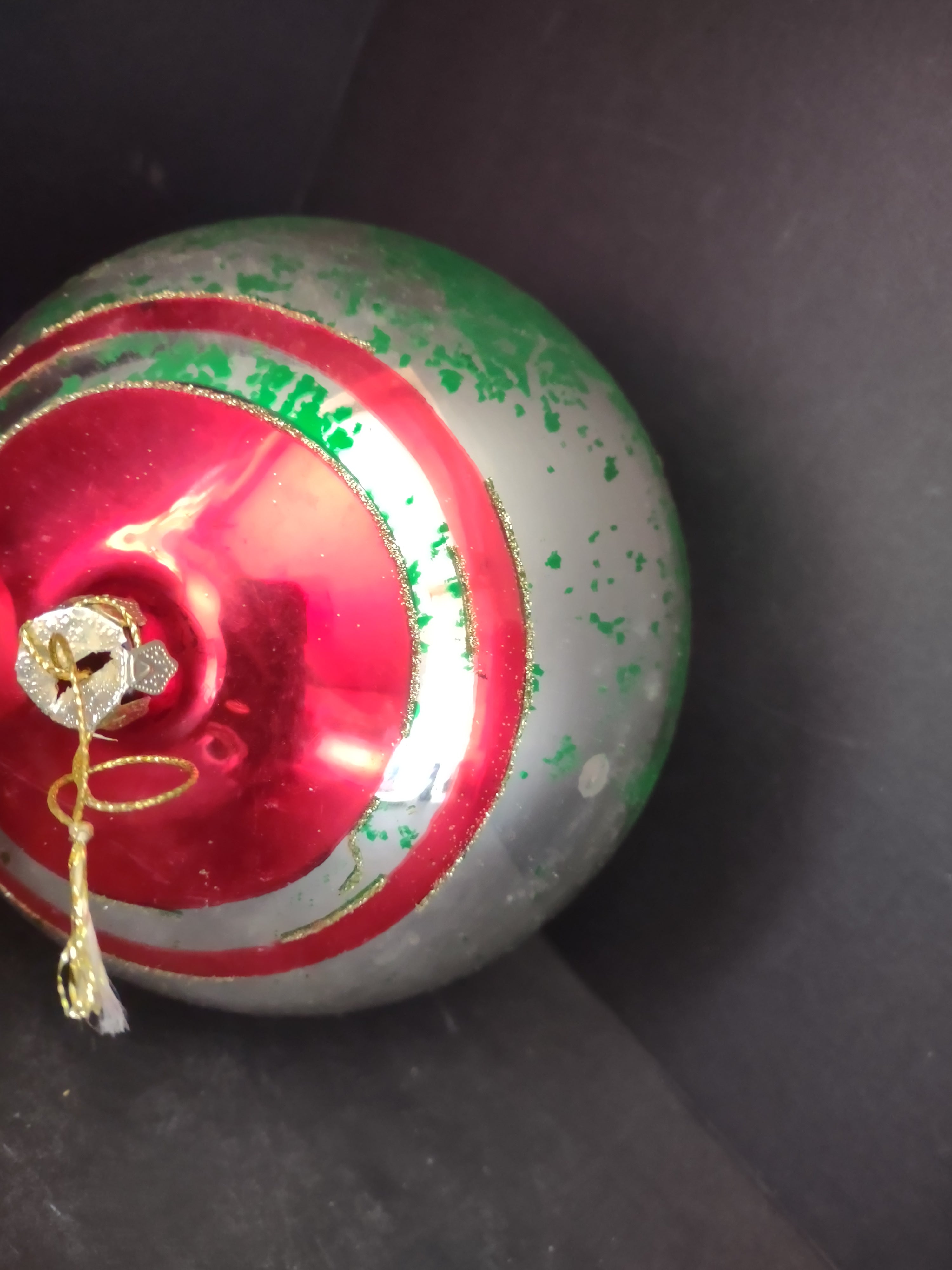 Vintage Christmas Shiny Brite 6" Glass Ball Ornament Green Red Gold Glitter [4833]