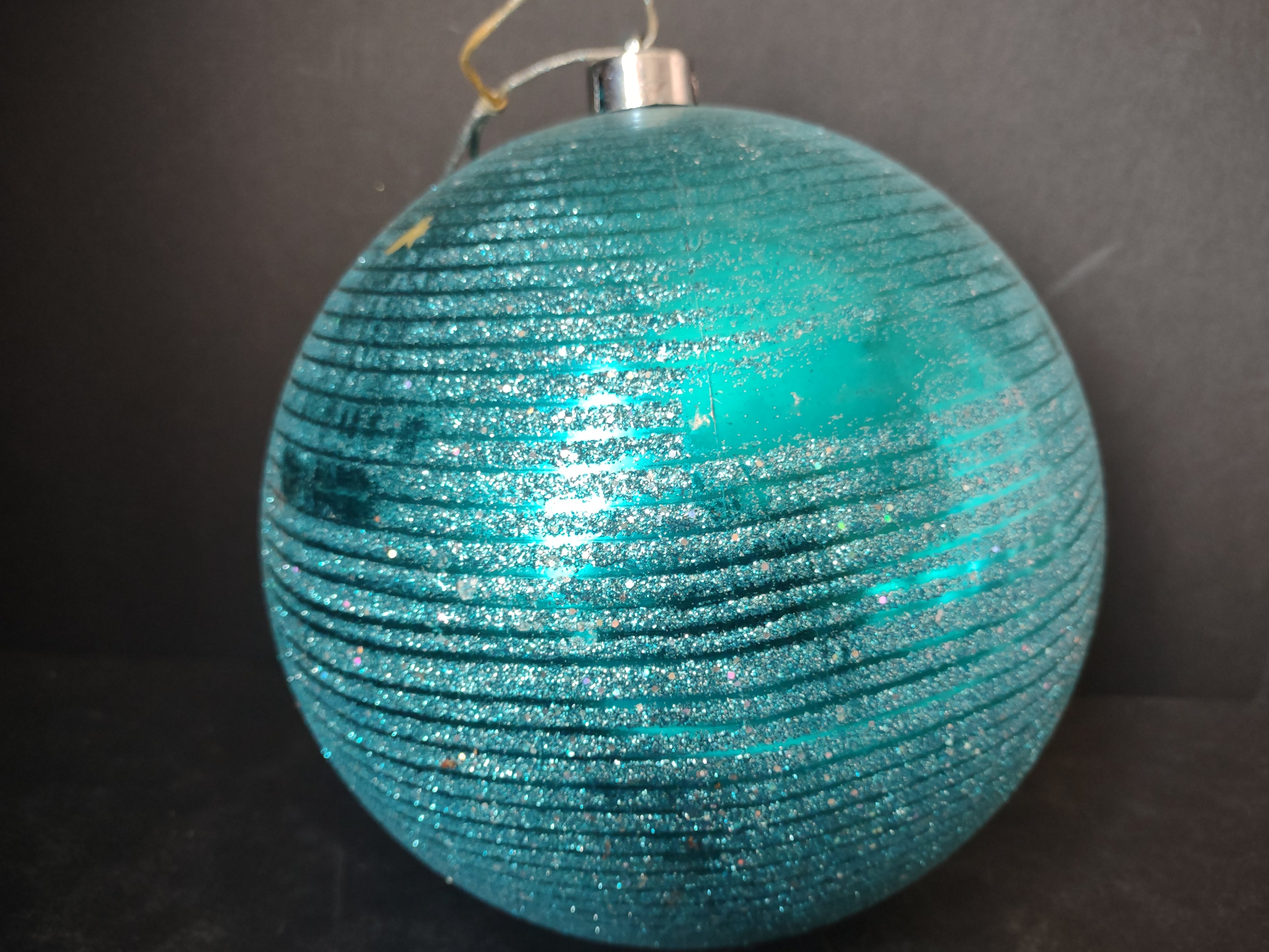 Vintage Plastic Christmas Ornament Teal Glitter Ball Large 7 Inch [4835]