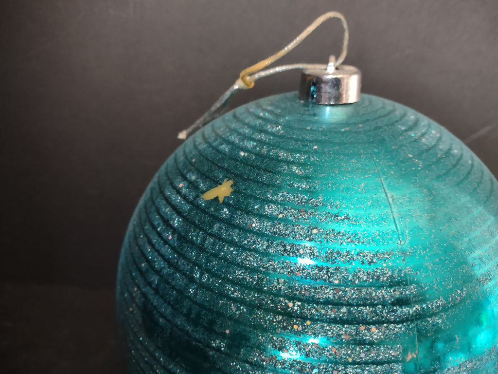 Vintage Plastic Christmas Ornament Teal Glitter Ball Large 7 Inch [4835]