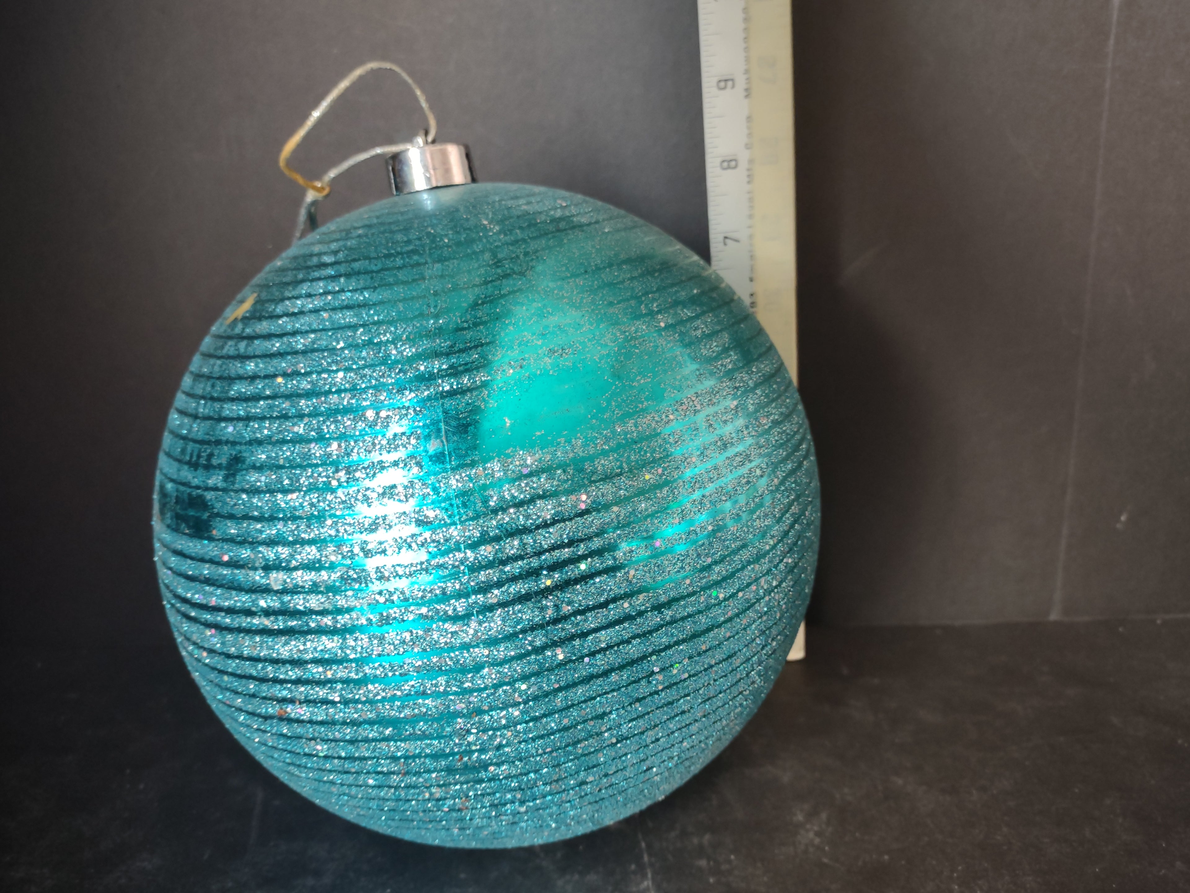 Vintage Plastic Christmas Ornament Teal Glitter Ball Large 7 Inch [4835]