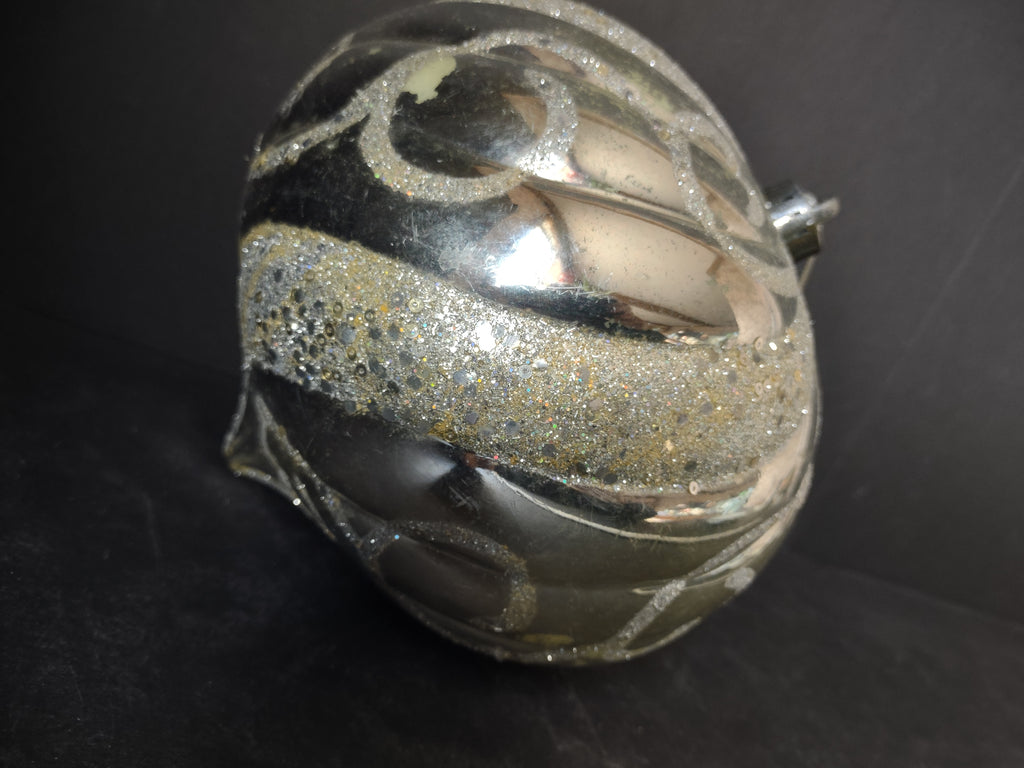 Vintage Plastic Christmas Ornament Silver Glitter Swirl Pumpkin Large 8in [4836]