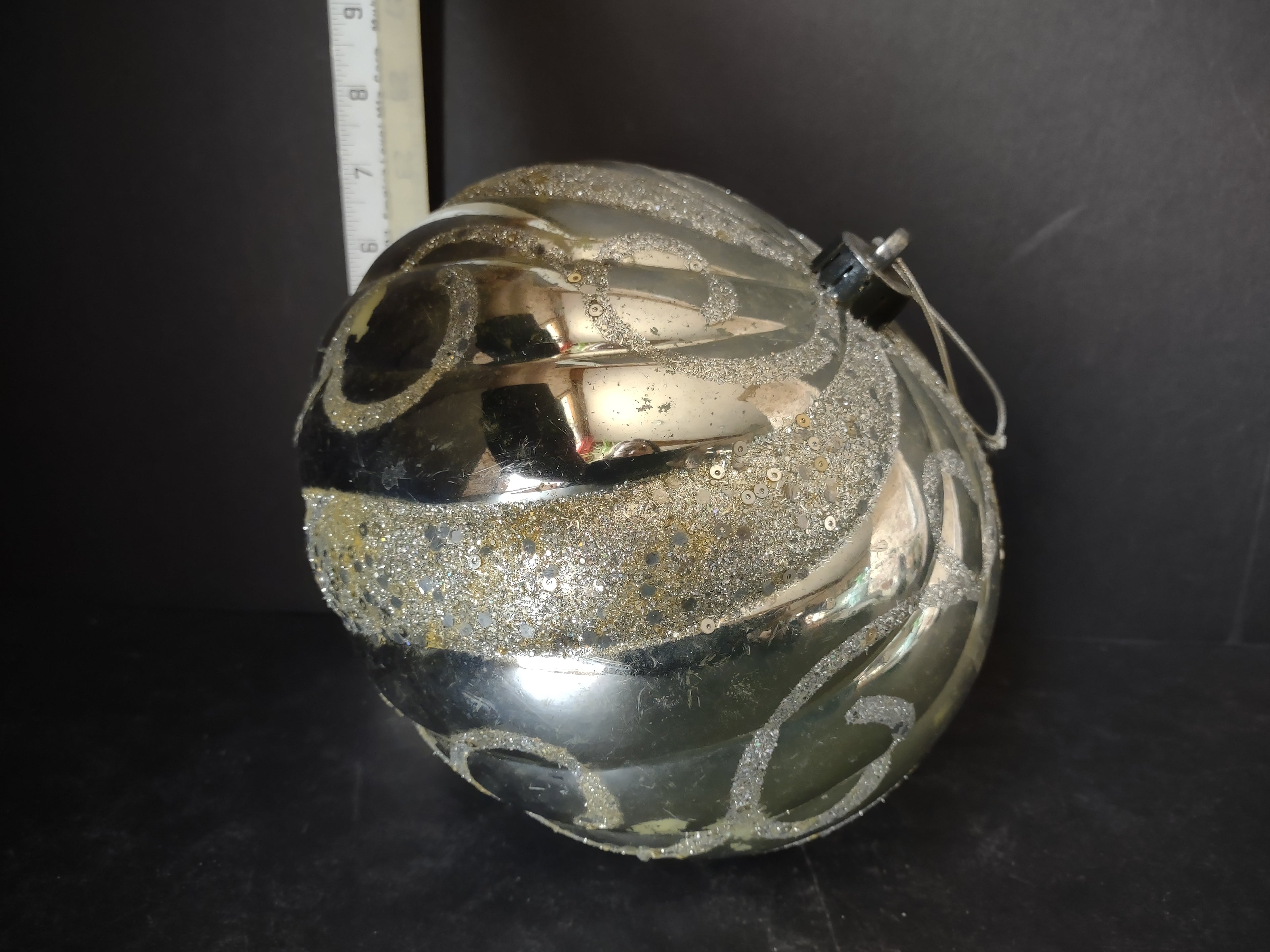 Vintage Plastic Christmas Ornament Silver Glitter Swirl Pumpkin Large 8in [4836]