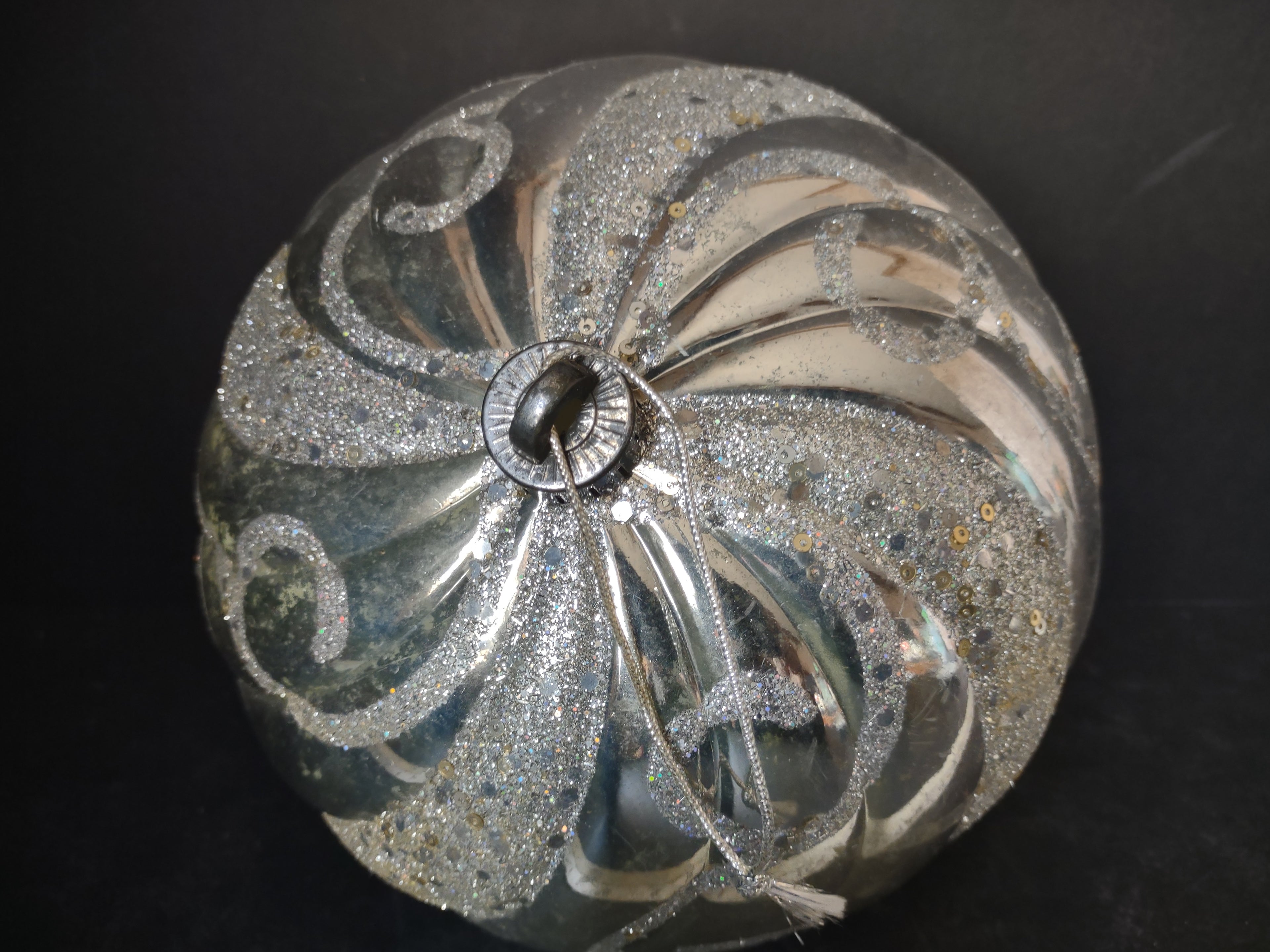 Vintage Plastic Christmas Ornament Silver Glitter Swirl Pumpkin Large 8in [4836]