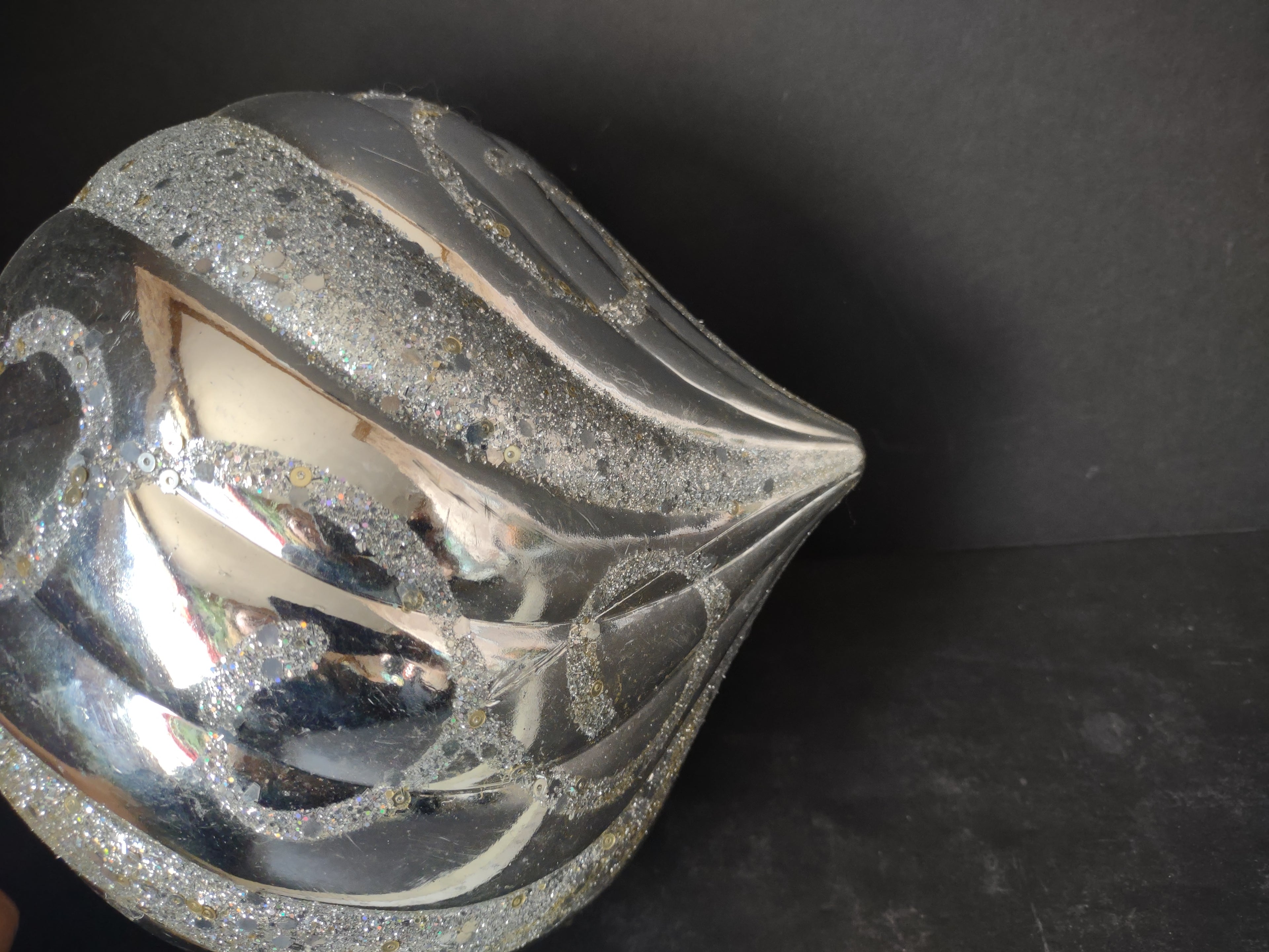 Vintage Plastic Christmas Ornament Silver Glitter Swirl Pumpkin Large 8in [4836]