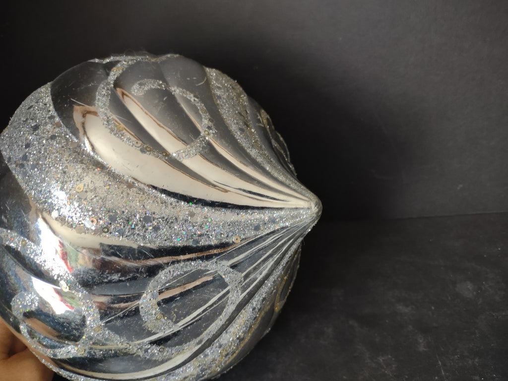 Vintage Plastic Christmas Ornament Silver Glitter Swirl Pumpkin Large 8in [4836]
