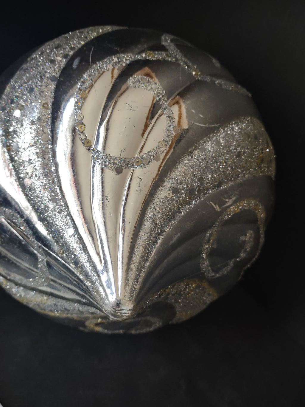 Vintage Plastic Christmas Ornament Silver Glitter Swirl Pumpkin Large 8in [4836]