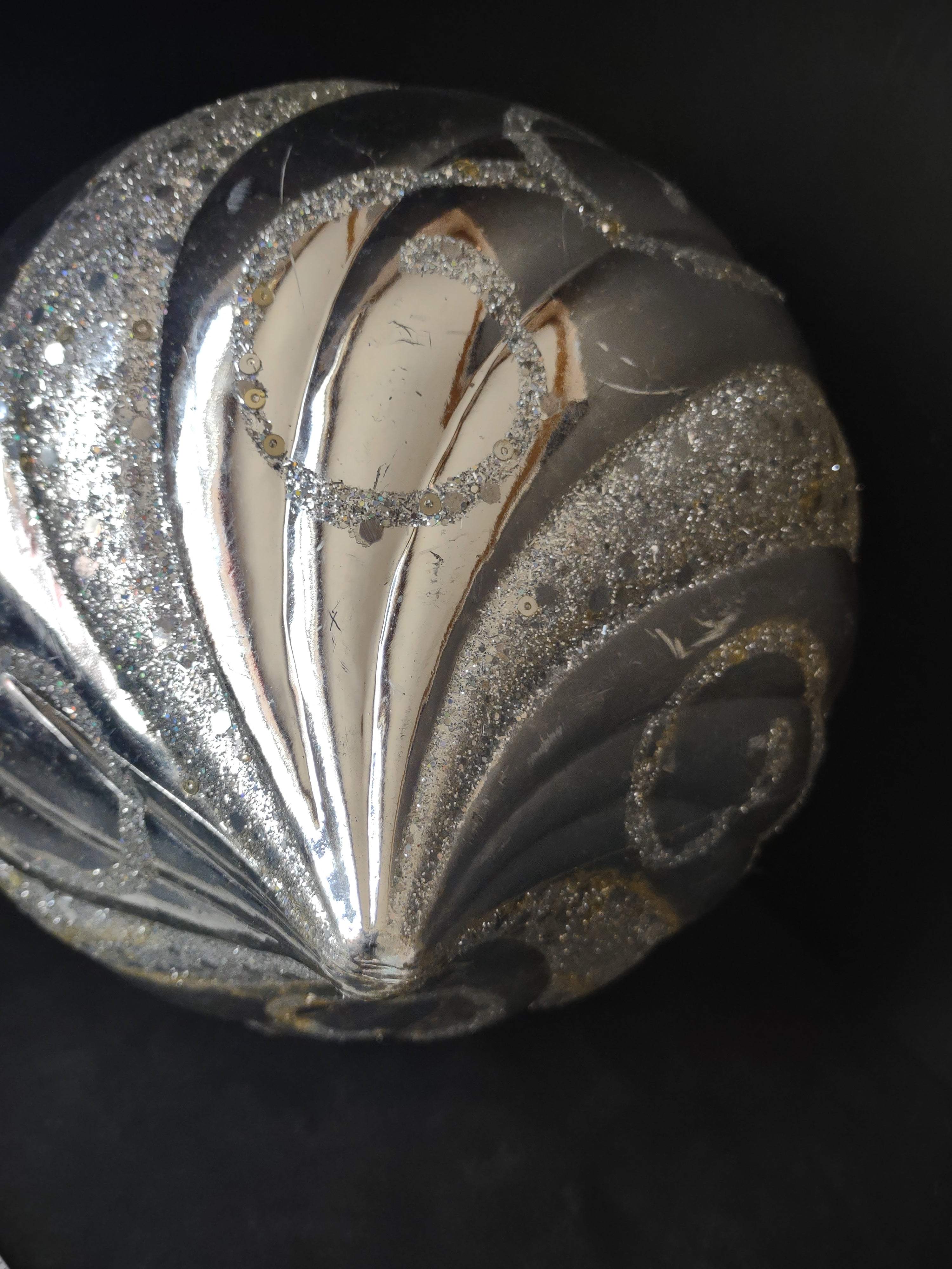 Vintage Plastic Christmas Ornament Silver Glitter Swirl Pumpkin Large 8in [4836]
