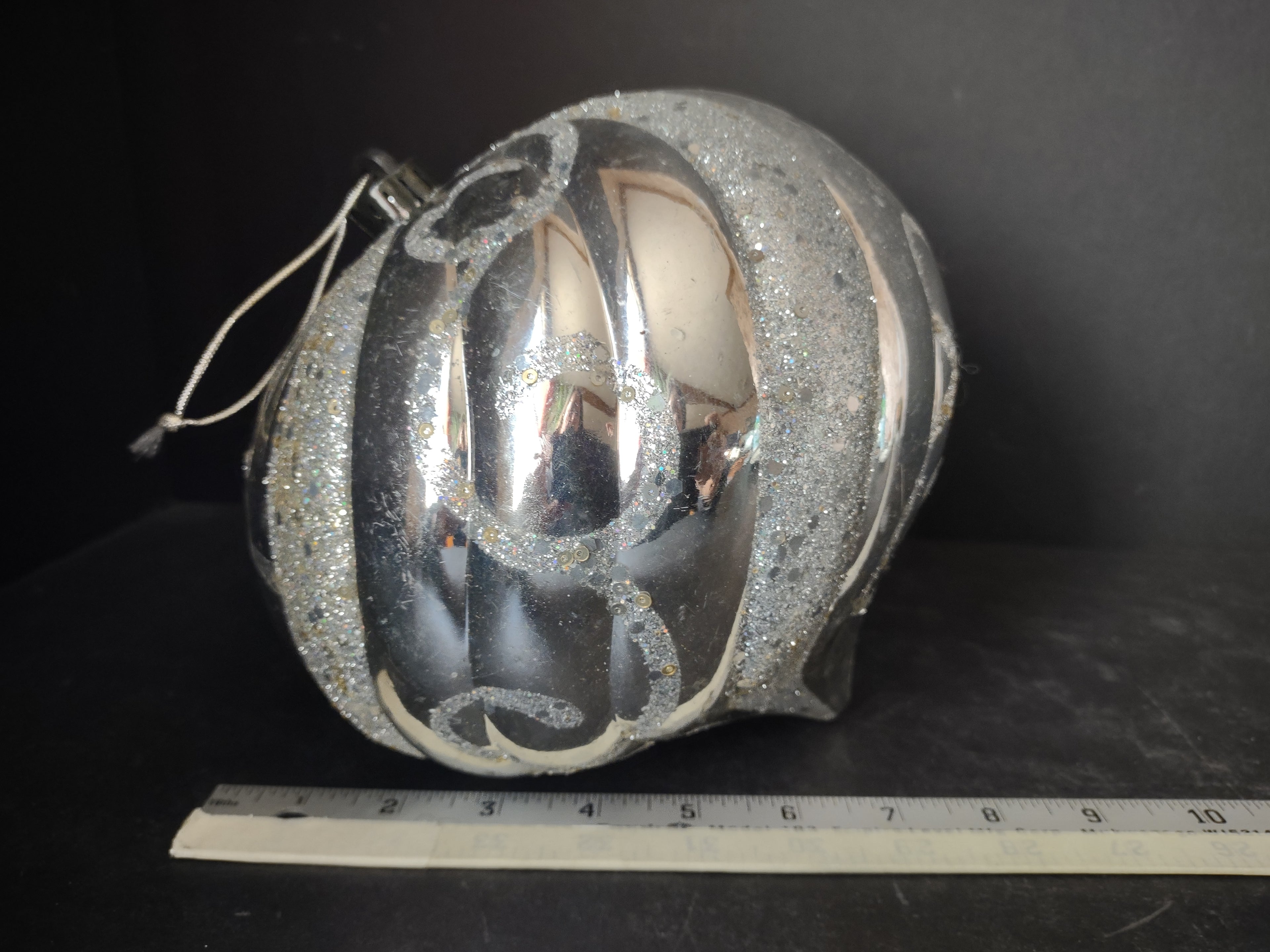 Vintage Plastic Christmas Ornament Silver Glitter Swirl Pumpkin Large 8in [4836]