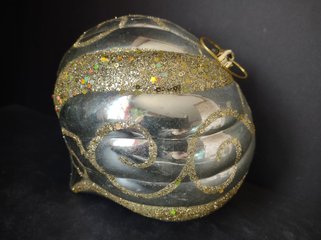 Vintage Silver Plastic Christmas Ornament Gold Glitter Swirl [4838]