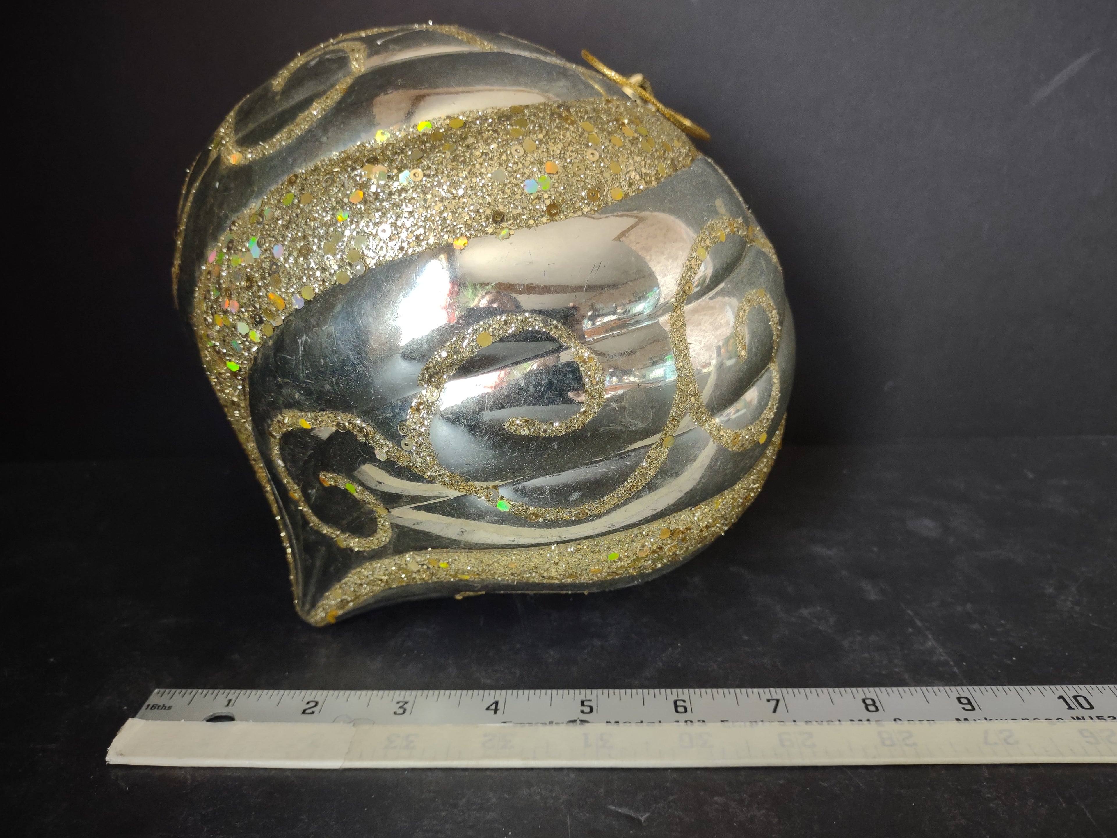 Vintage Silver Plastic Christmas Ornament Gold Glitter Swirl [4838]
