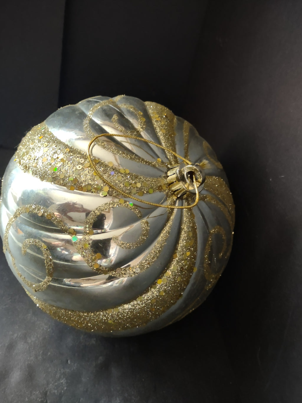 Vintage Silver Plastic Christmas Ornament Gold Glitter Swirl [4838]