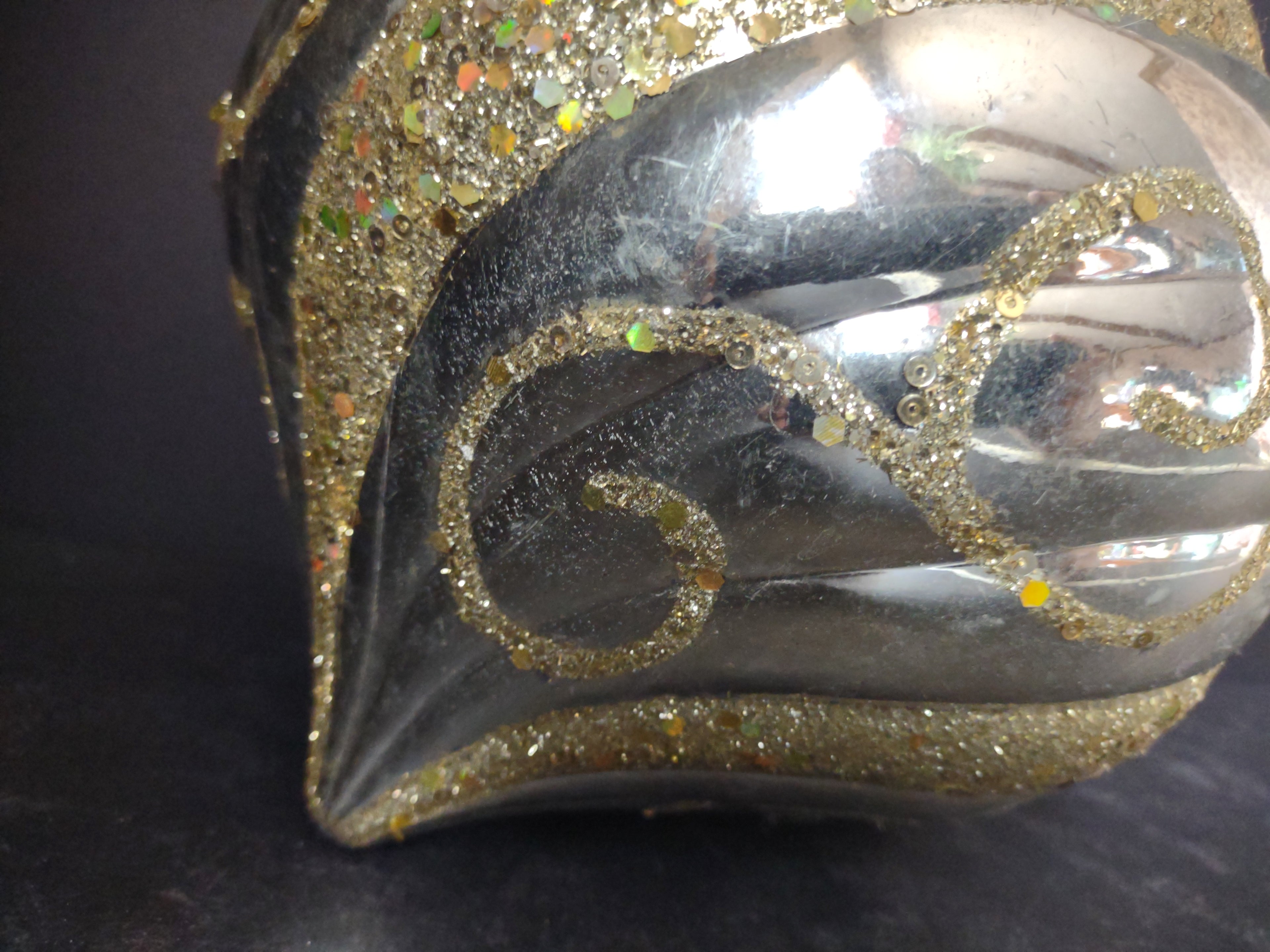 Vintage Silver Plastic Christmas Ornament Gold Glitter Swirl [4838]