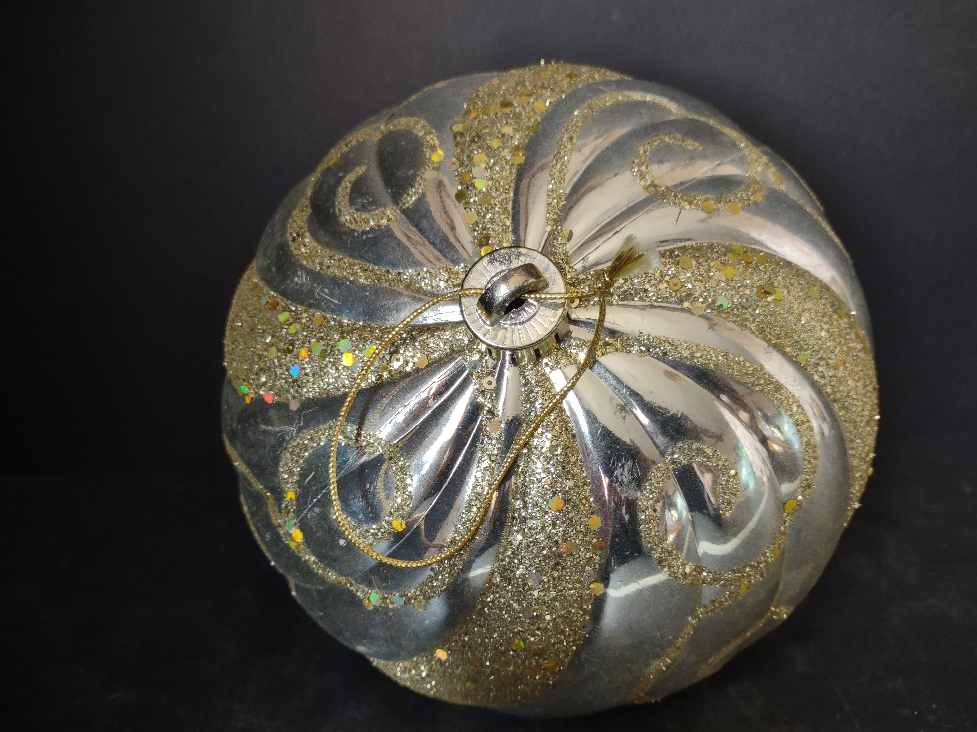Vintage Silver Plastic Christmas Ornament Gold Glitter Swirl [4838]