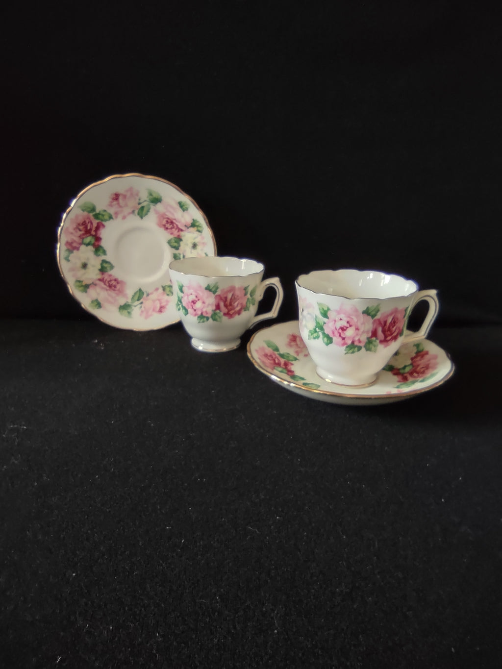 Vintage Staffordshire Trinity Rose Cup Saucer Bone China England Pair [6299]