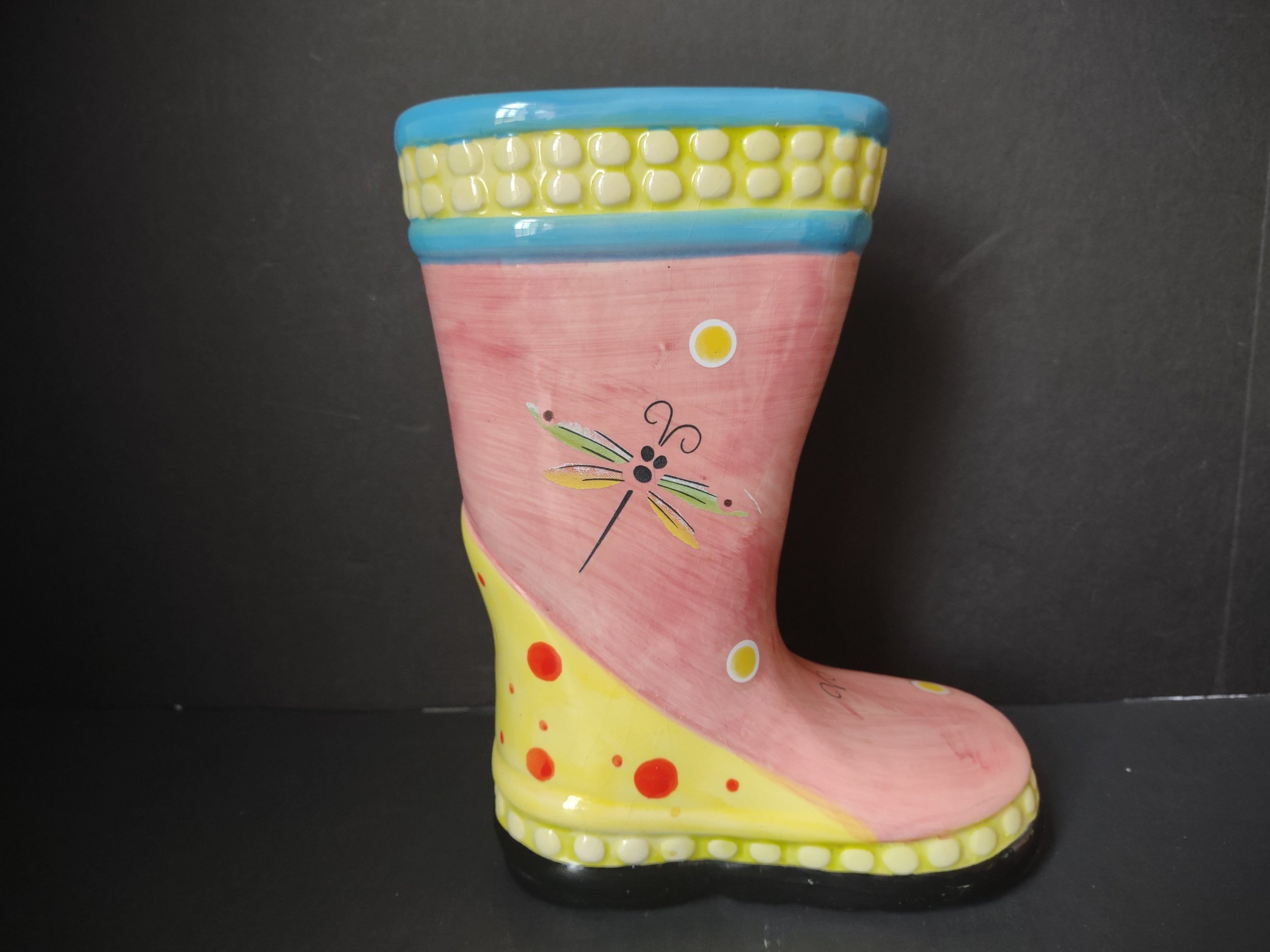 Vintage Pink Yellow Ceramic Rain Boot Vase Planter Dragonfly [6351]