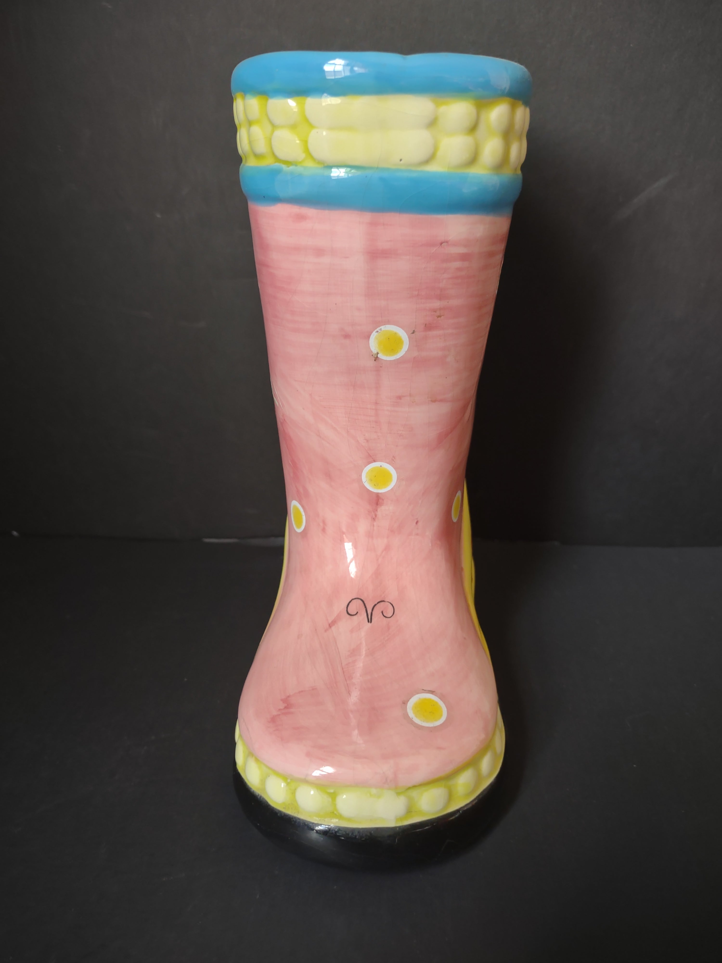 Vintage Pink Yellow Ceramic Rain Boot Vase Planter Dragonfly [6351]