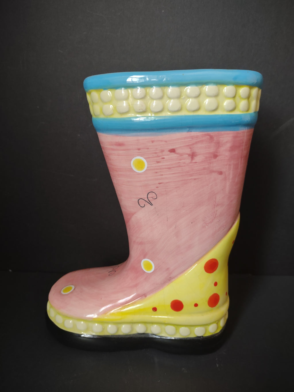 Vintage Pink Yellow Ceramic Rain Boot Vase Planter Dragonfly [6351]
