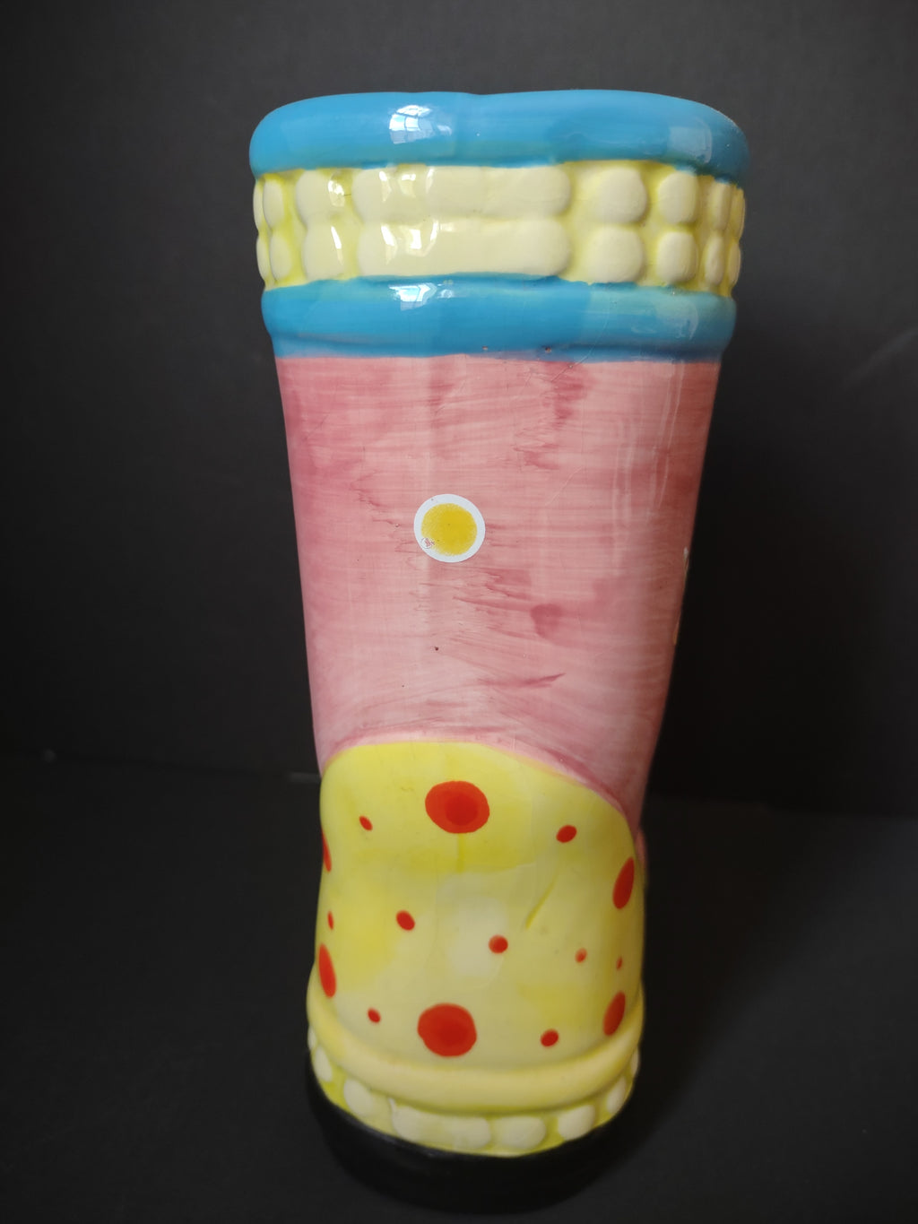 Vintage Pink Yellow Ceramic Rain Boot Vase Planter Dragonfly [6351]