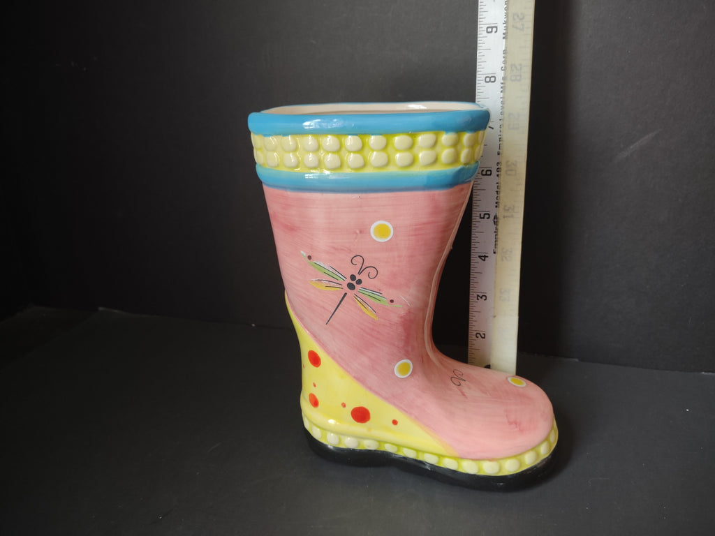 Vintage Pink Yellow Ceramic Rain Boot Vase Planter Dragonfly [6351]