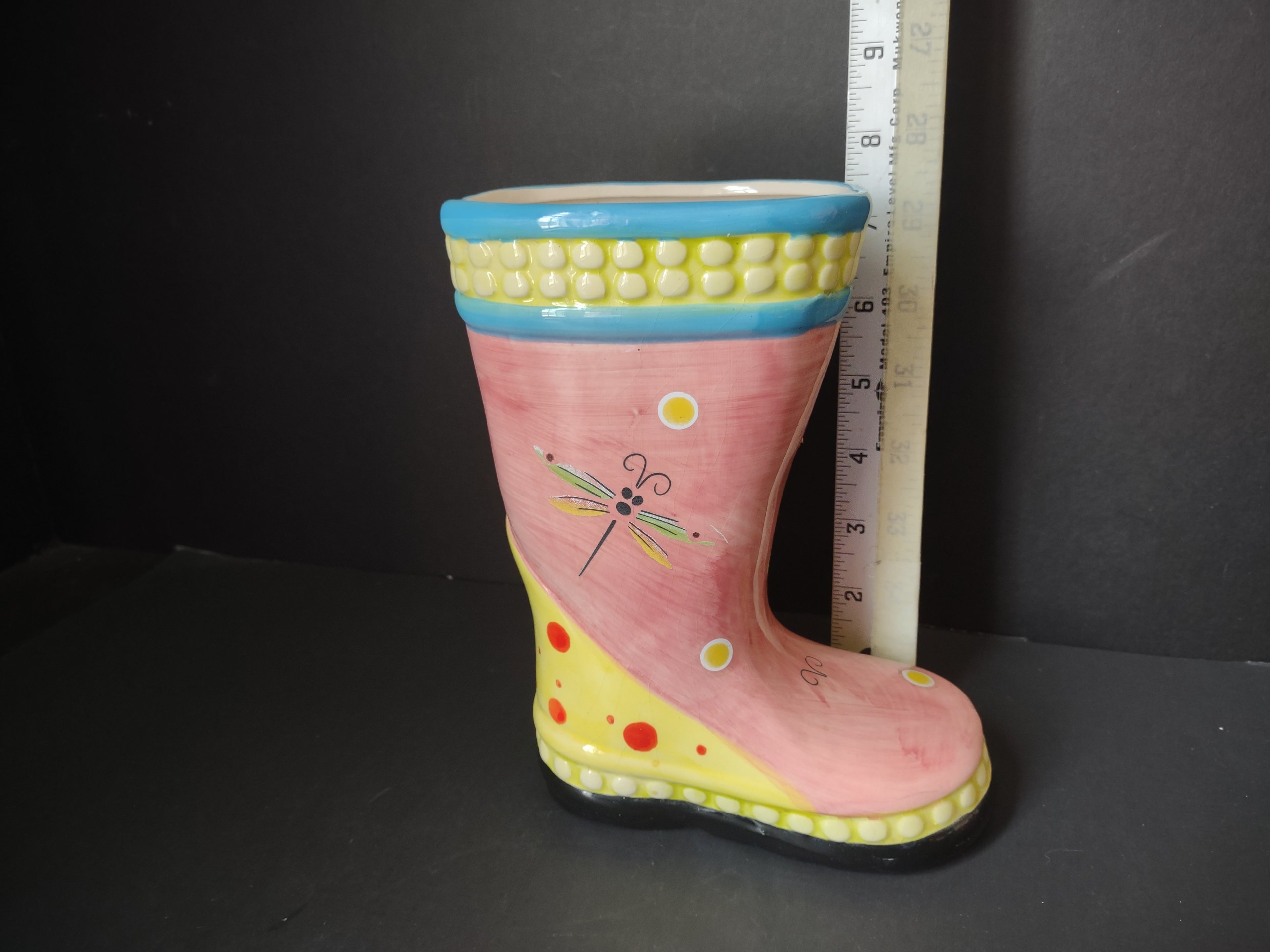 Vintage Pink Yellow Ceramic Rain Boot Vase Planter Dragonfly [6351]
