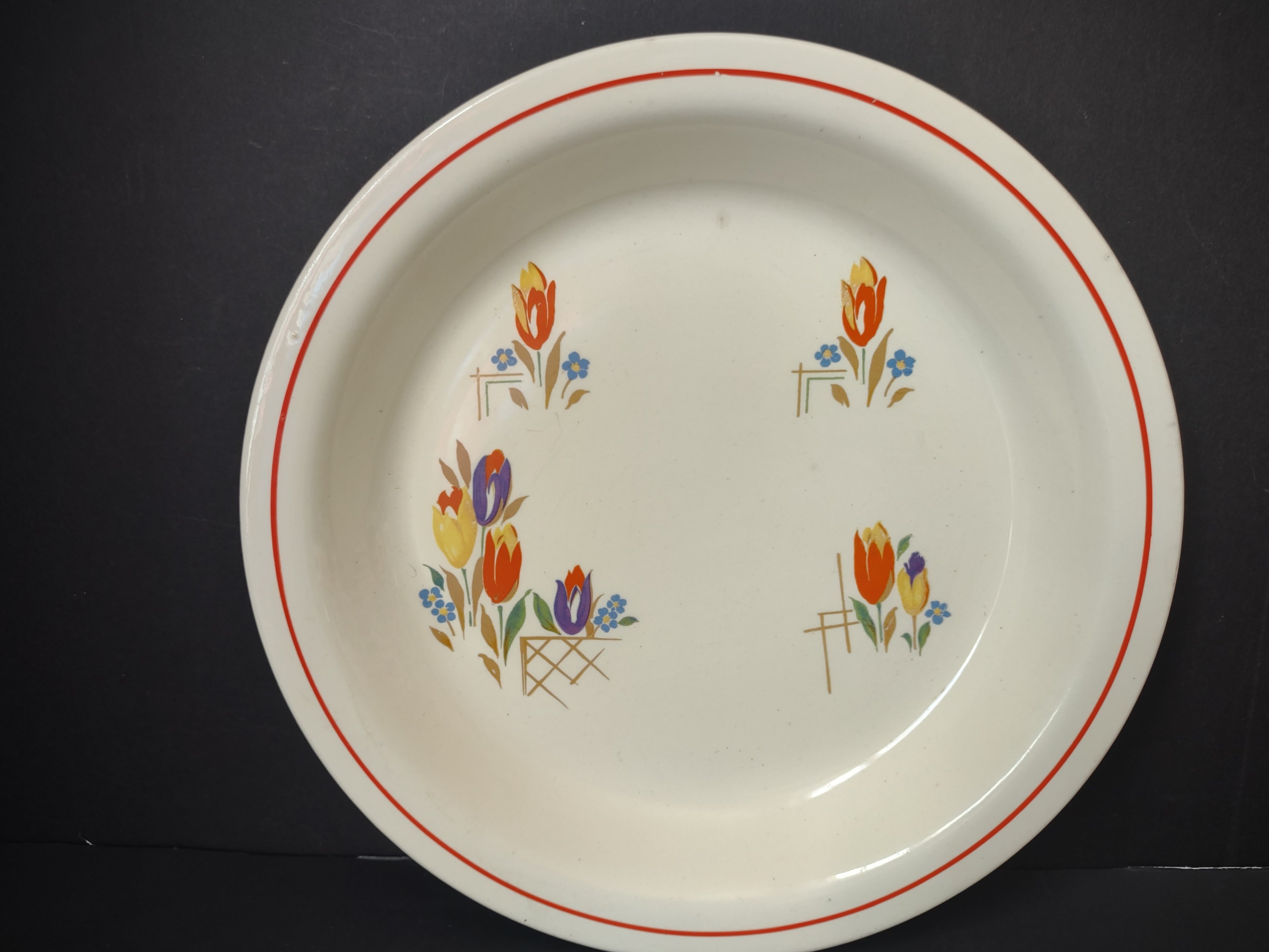 Vintage Taylor Smith Taylor Tulip Pattern Dinner Plate 9" Red Rim USA [6353]