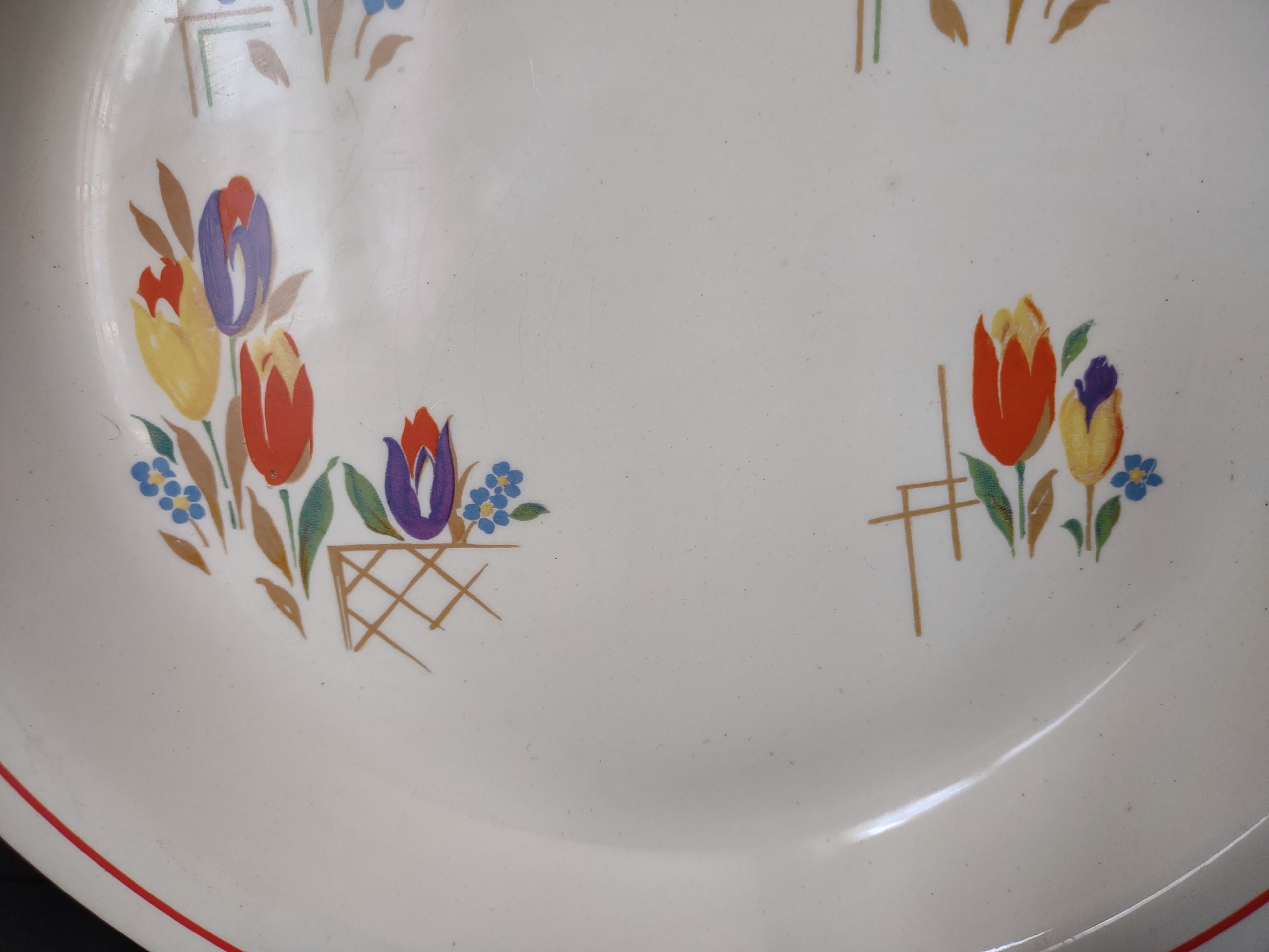 Vintage Taylor Smith Taylor Tulip Pattern Dinner Plate 9" Red Rim USA [6353]