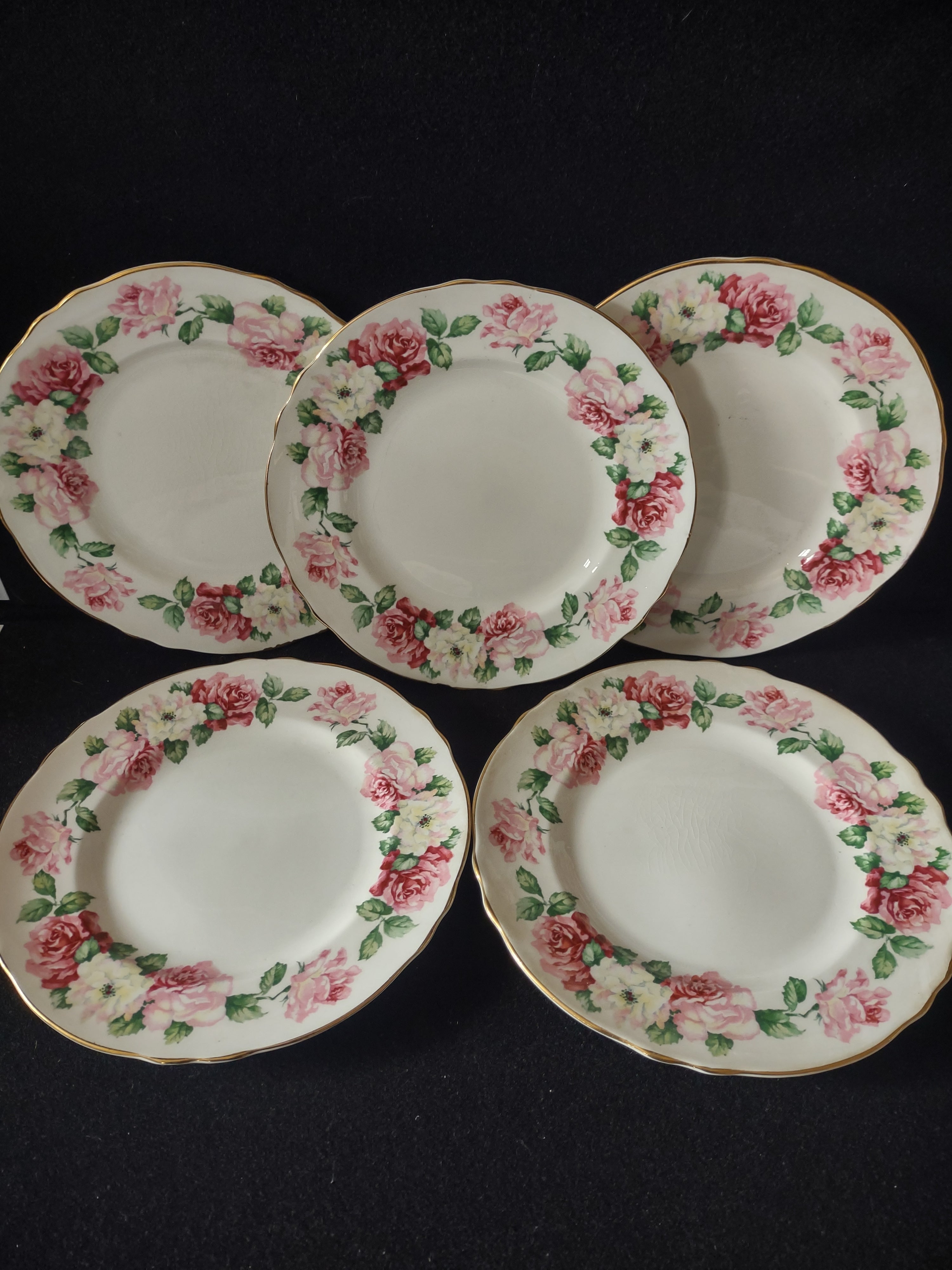 Vintage Staffordshire Trinity Rose Salad Plates Bone China England x5 [6301]