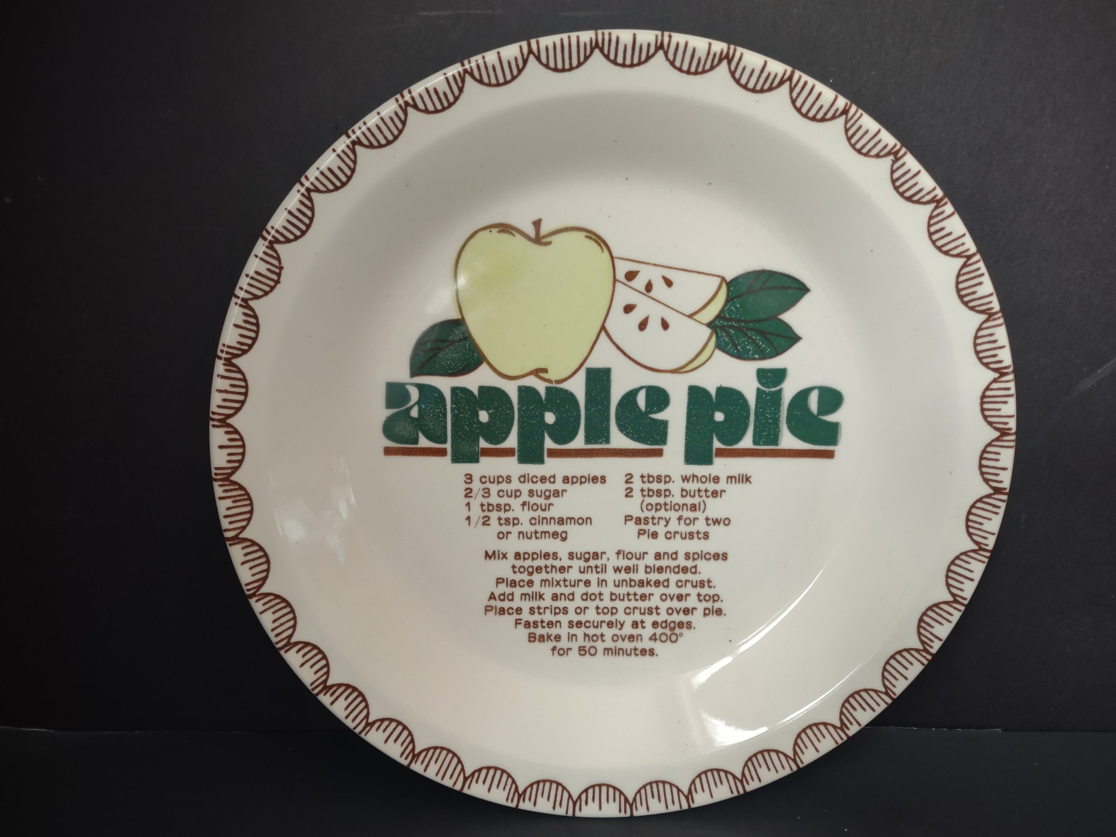 Vintage Apple Pie Recipe Pottery Plate Green Brown Transfer Japan [6356]