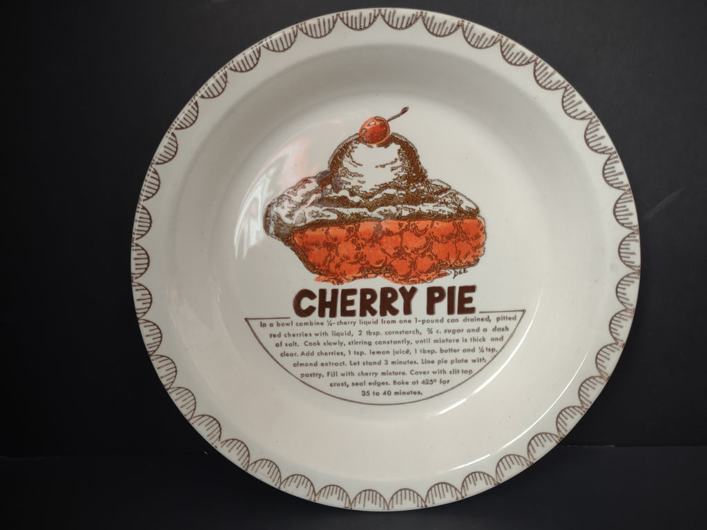 Vintage Cherry Pie Recipe Plate Orange Brown Transfer Scallop Rim USA [6358]