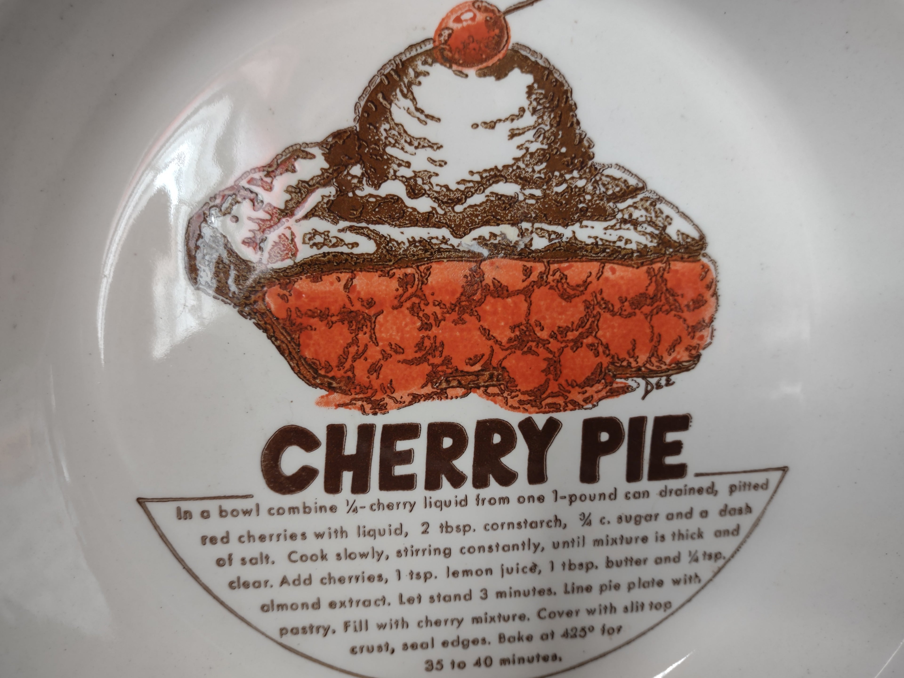 Vintage Cherry Pie Recipe Plate Orange Brown Transfer Scallop Rim USA [6358]