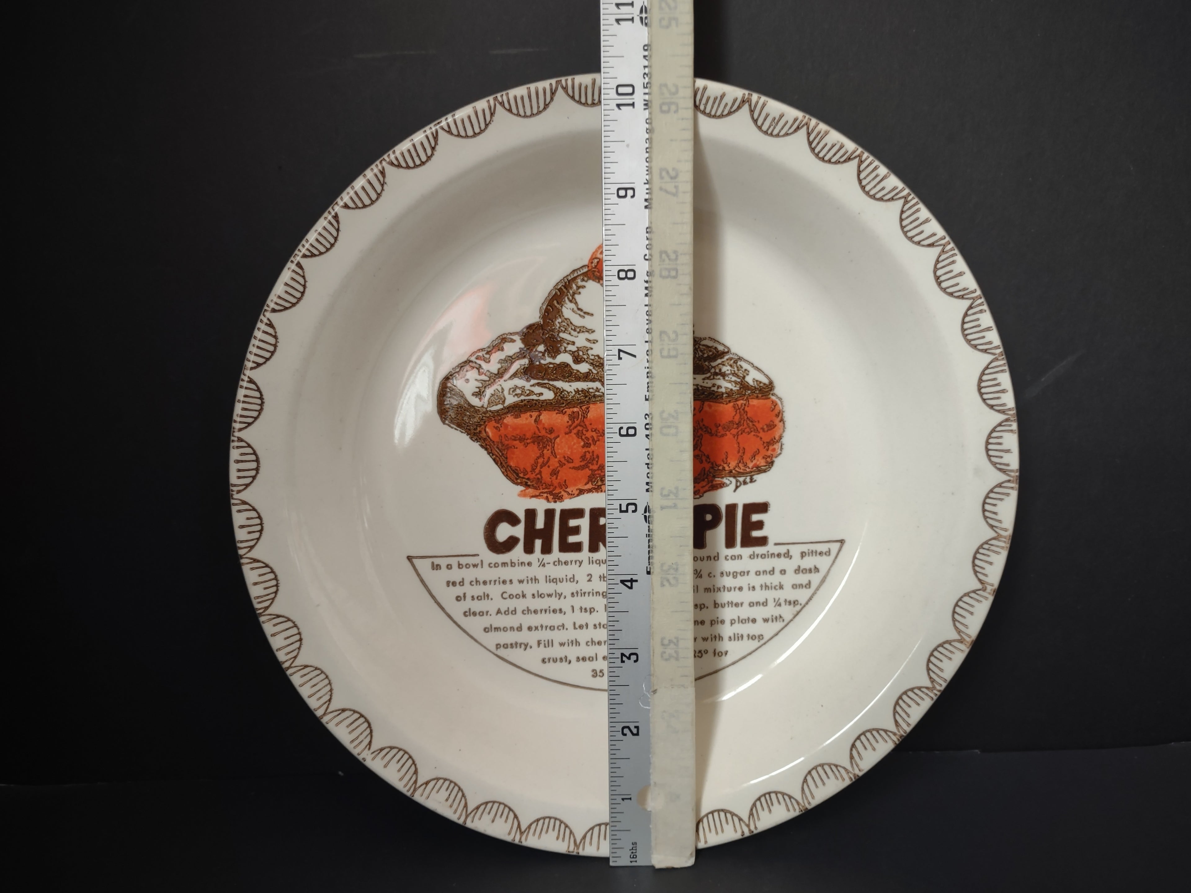 Vintage Cherry Pie Recipe Plate Orange Brown Transfer Scallop Rim USA [6358]