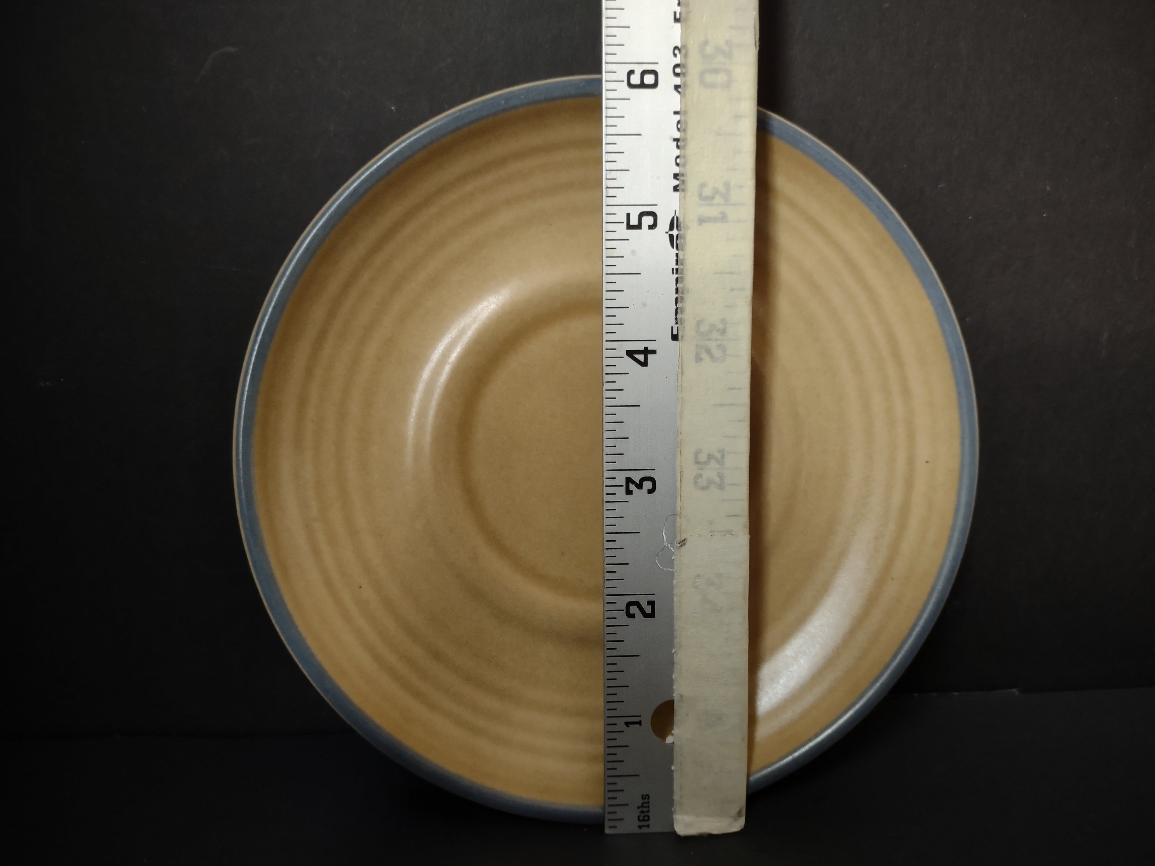 Vintage Pfaltzgraff Tan & Blue Rim Saucer USA Pottery Collectible [6371]