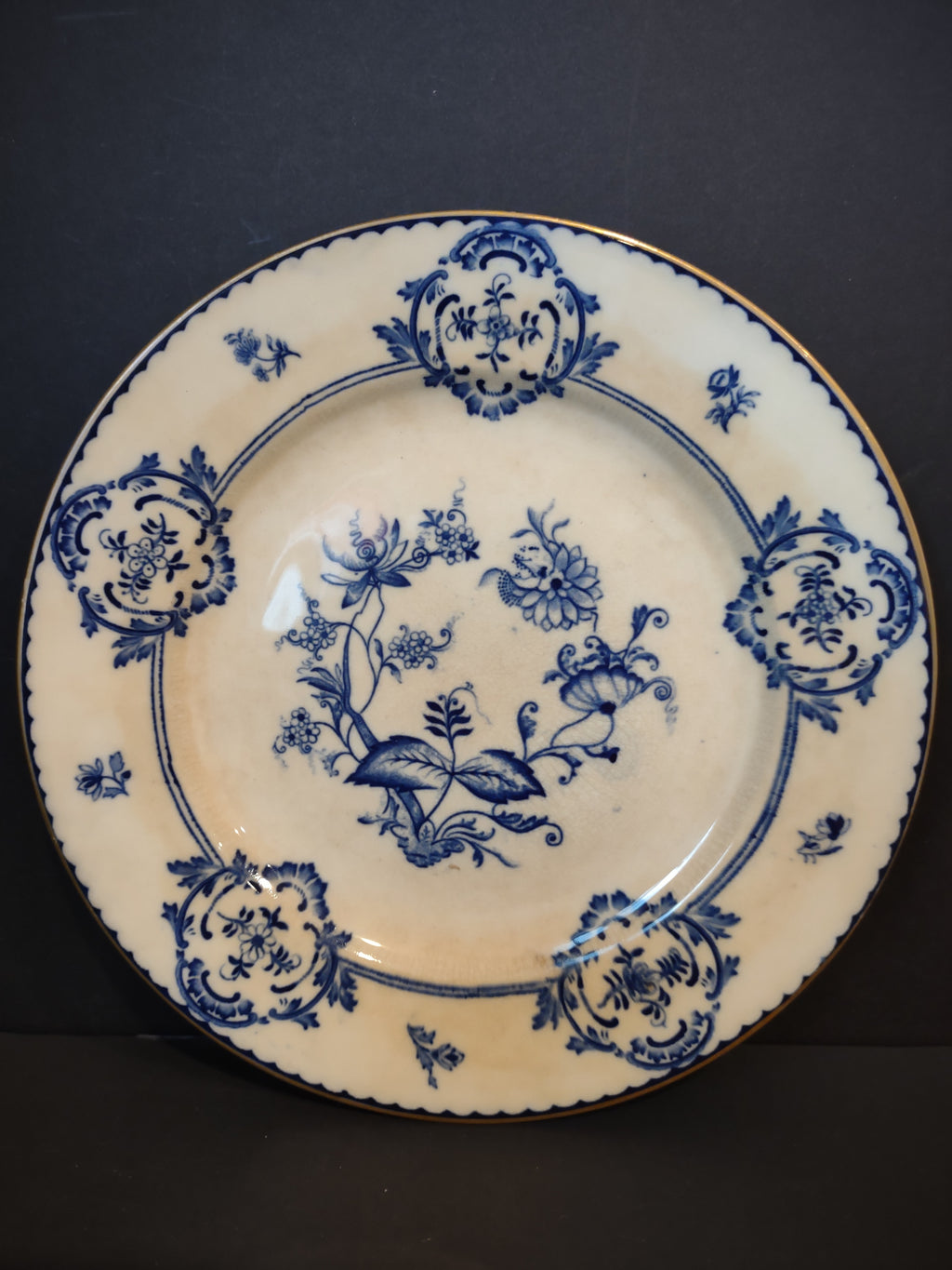 Vintage Stoke China England Blue White Floral Transfer Plate Gold Rim [6372]