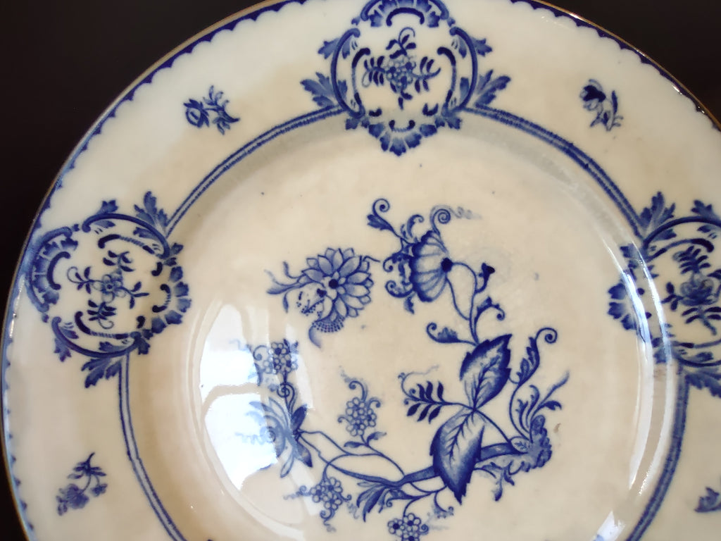 Vintage Stoke China England Blue White Floral Transfer Plate Gold Rim [6372]